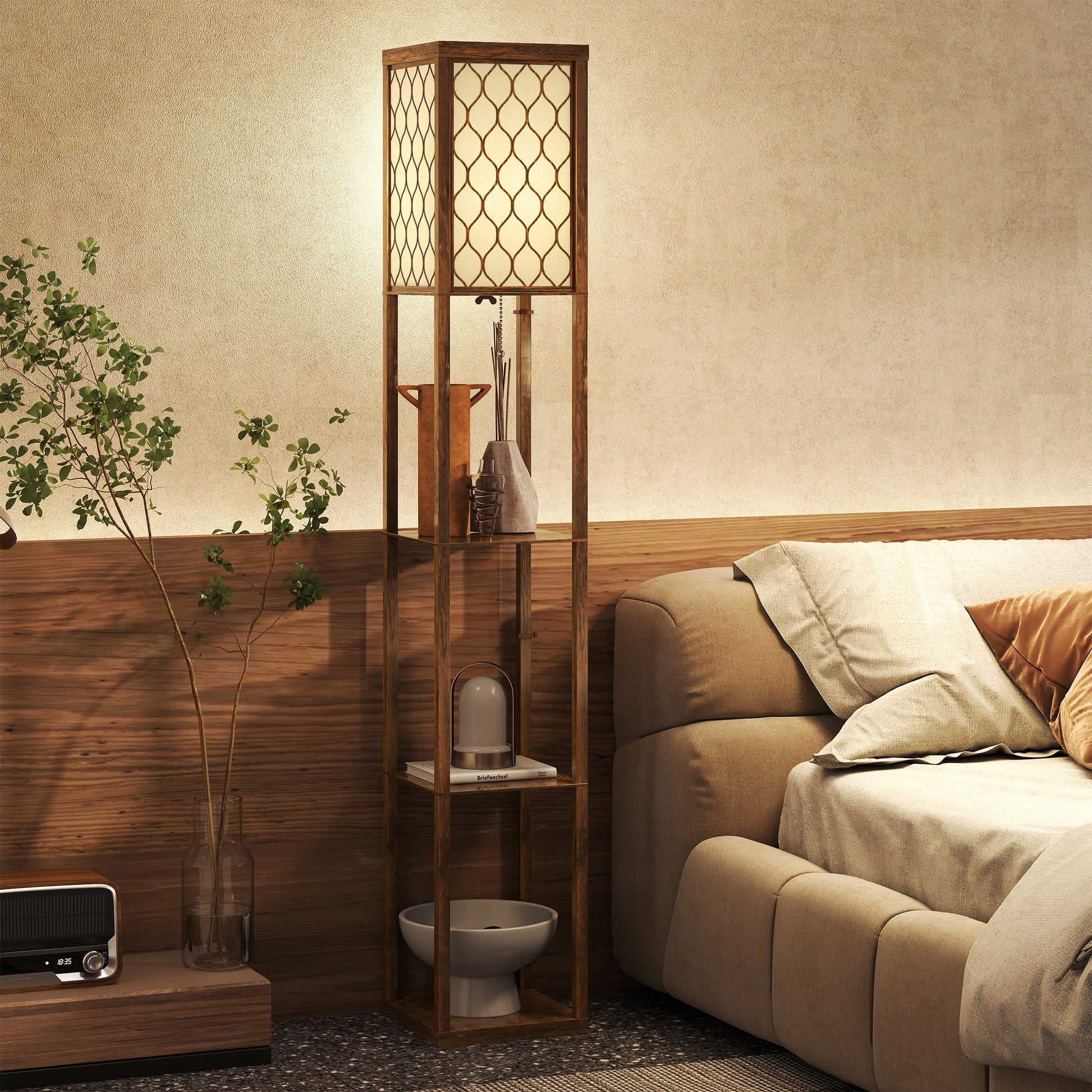 HOMCOM Three-Shelf Standing Lamp - Rustic Brown/White