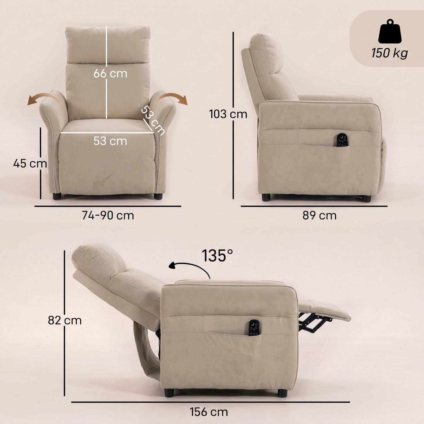 HOMCOM Recliner Armchair, Push Back Recliner Chair with Massage & Heat, Adjustable Armrests, Dual Side Pockets, Beige