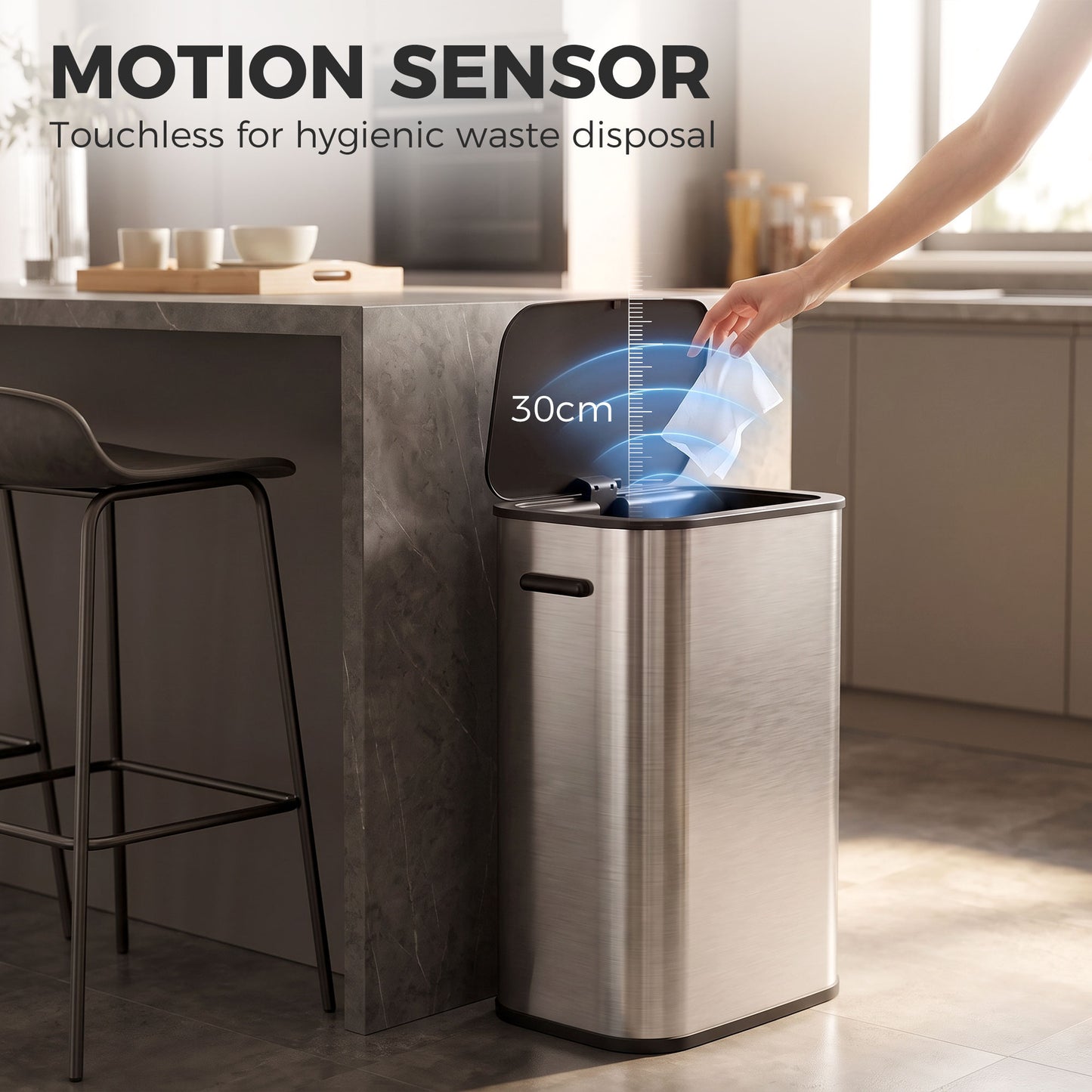HOMCOM 55L Sensor Bin for Kitchen, Touchless Automatic Waste Rubbish Bin, Stainless Steel, Battery Operated, Silver Tone