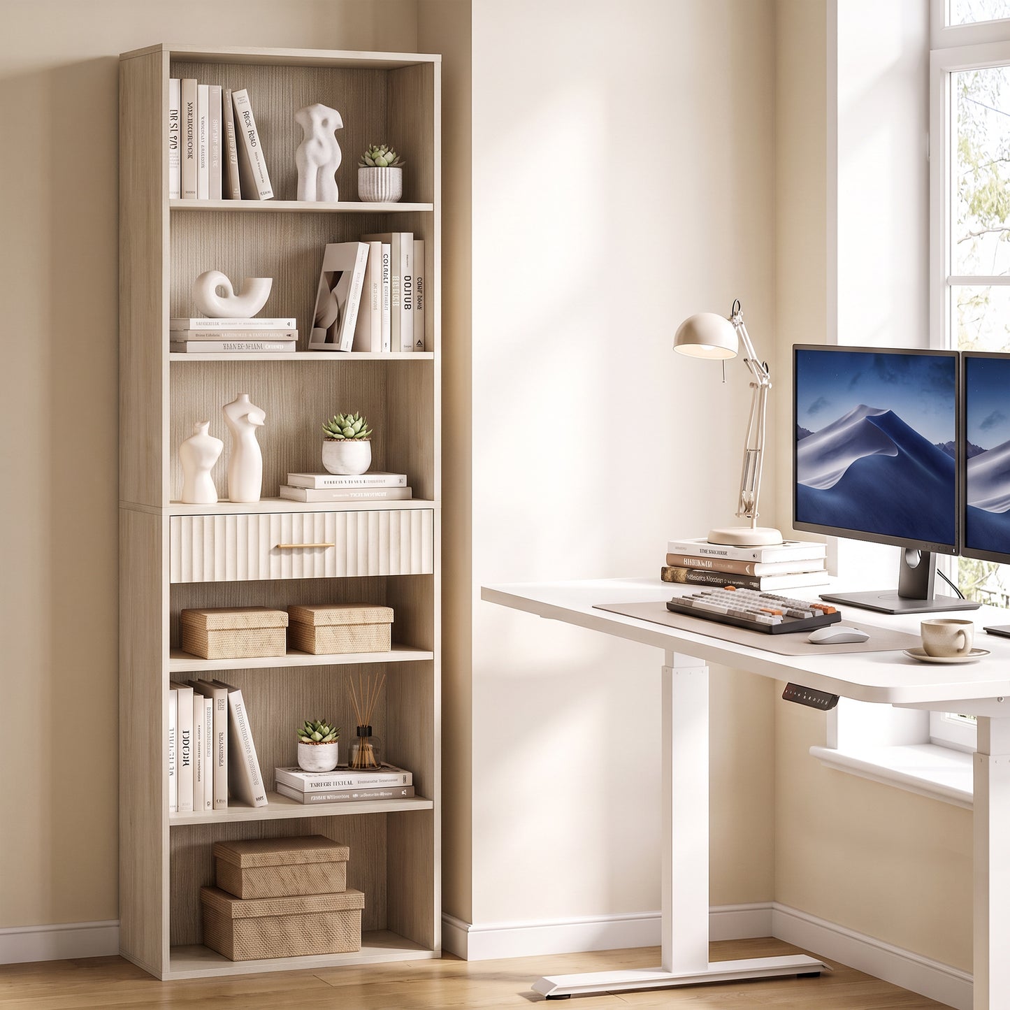 HOMCOM Bookcase Narrow Tall Space-Saving Bookshelf Drawer Open Shelves 60 x 24 x 182 cm Oak Wood Effect