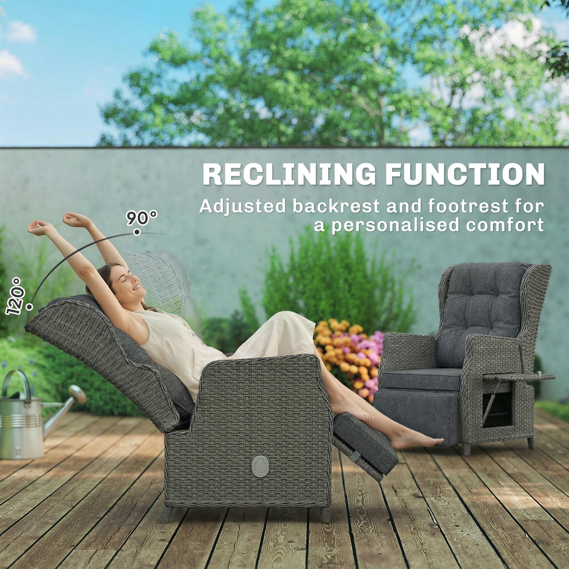 Outsunny Rattan Garden Recliner Chair, Reclining Garden Chair with Adjustable Back and Footrest, Flip Table, Cushion, Dark Grey