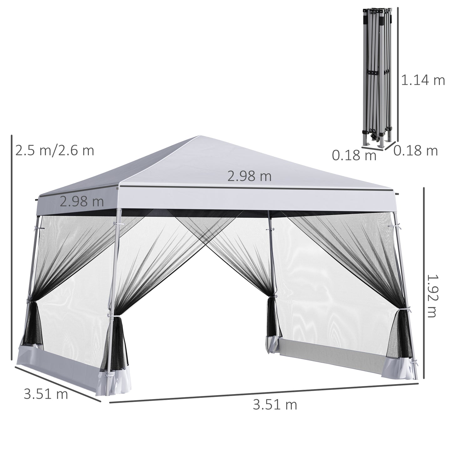 Outsunny Outdoor Garden Pop-up Gazebo Canopy Tent Sun Shade Event Shelter Folding with Adjustable Height, Mesh Screen Side Walls 3.5 M Ã— 3.5 M Base / 3 M Ã— 3 M Top, White