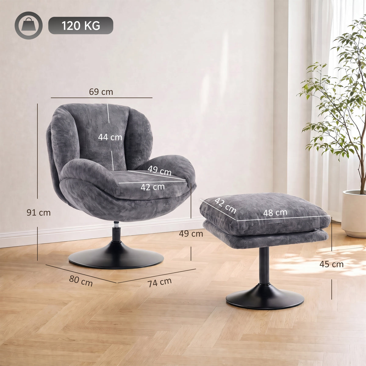 HOMCOM Modern Chenille Lazy Chair with Ottoman, 360Â° Swivel, Upholstered Reading Seat Set for Living Room, Dark Grey