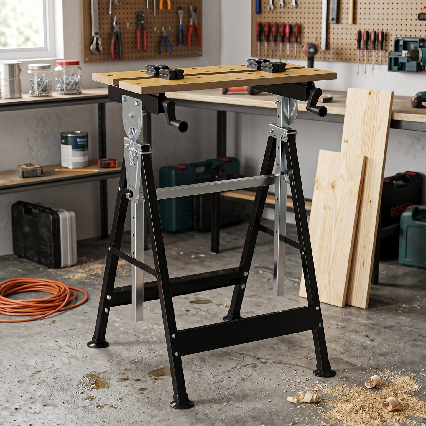 HOMCOM Portable Folding Workbench with Adjustable Height & Angle, Work Bench with 4 Adjustable Clamping Pegs, Beige