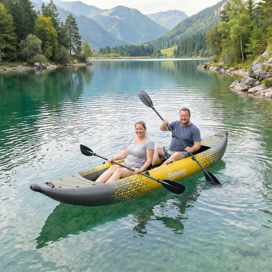 Outsunny 12.5' Inflatable Kayak Set, 2-person Sit on Canoe with Aluminium Oars, Grey and Yellow