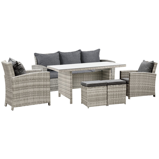 Outsunny 6-Piece Wicker Rattan Garden Set, Aluminium Patio Wicker Dining Sets with Glass Top Table & Soft Cushion, Light Grey