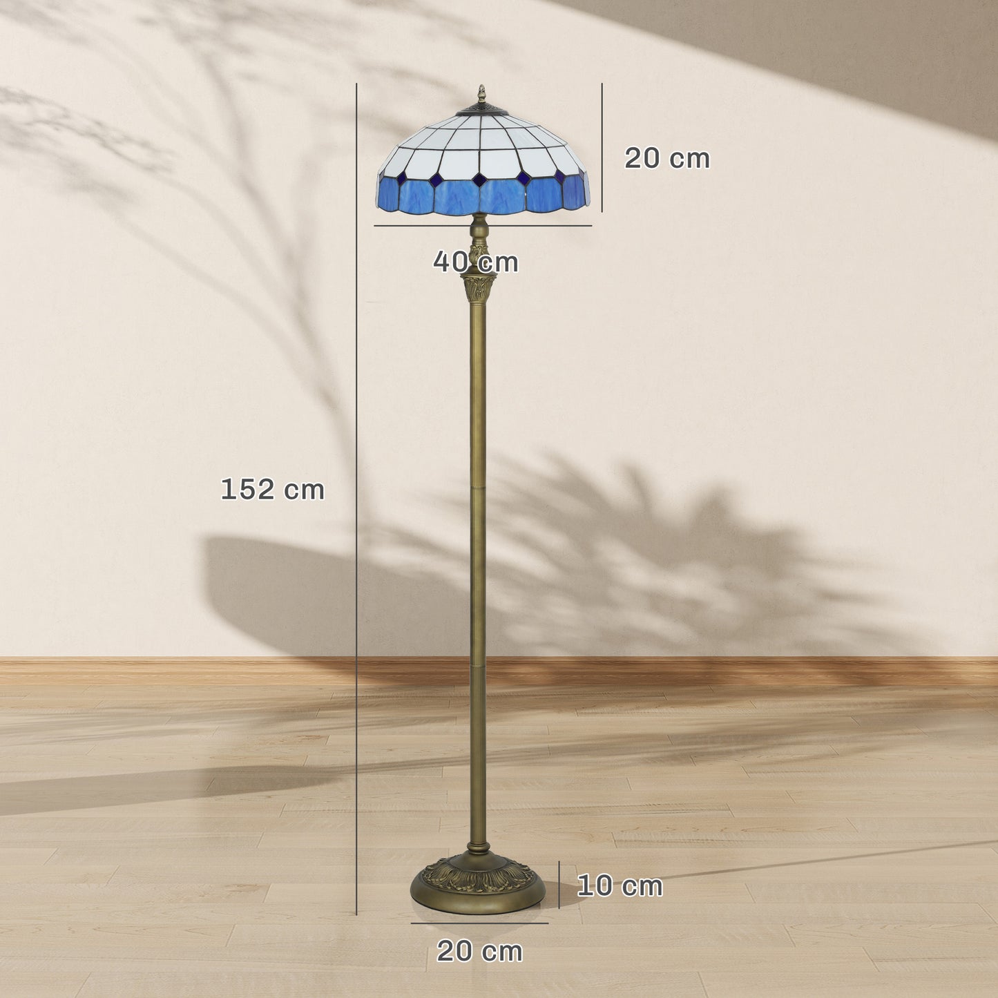 HOMCOM Tiffany-Style Floor Lamp with Handcrafted Stained Glass Shade, 152cm Tall Vintage Standing Lamp with Foot Switch and Dual Sockets for Living Room Bedroom, Bronze Tone and Blue