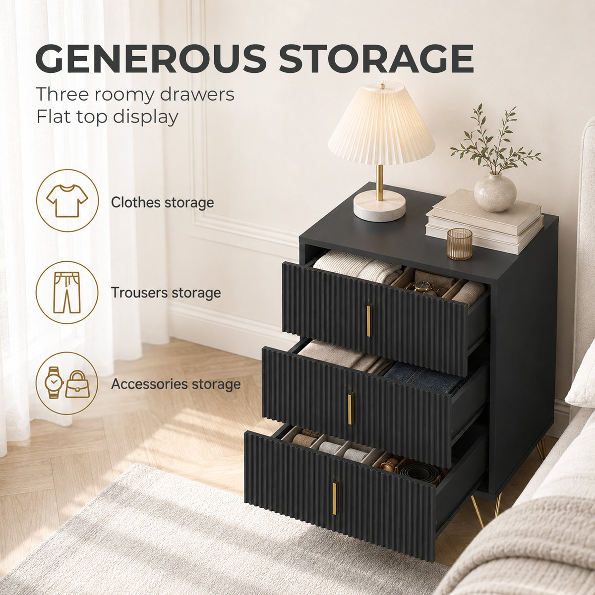 HOMCOM Modern 3-Drawer Dresser, Fluted Bedroom Dresser Chest of Drawers with Metal Legs and Steel Handles for Bedroom, Black