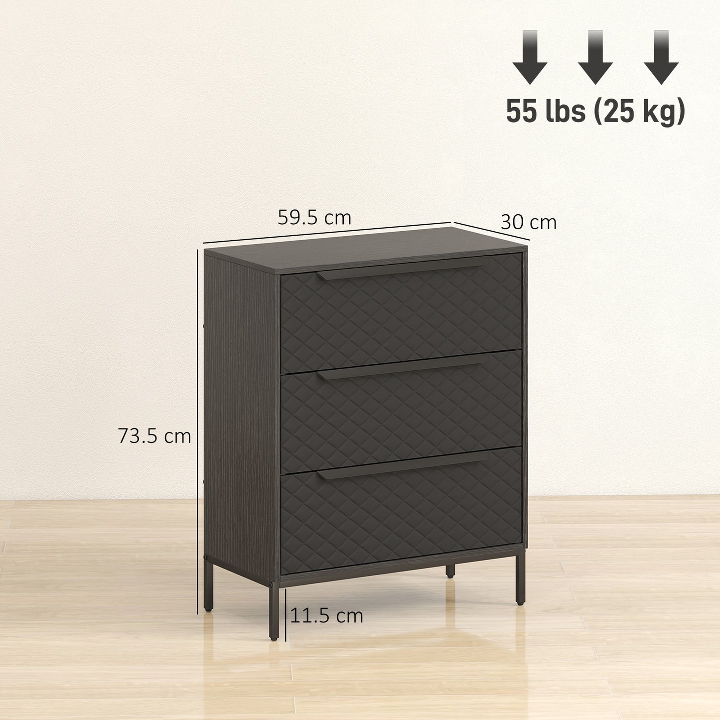 HOMCOM Chest of Drawers, Dresser with 3 Fabric Drawers and Aluminium Handles - Black