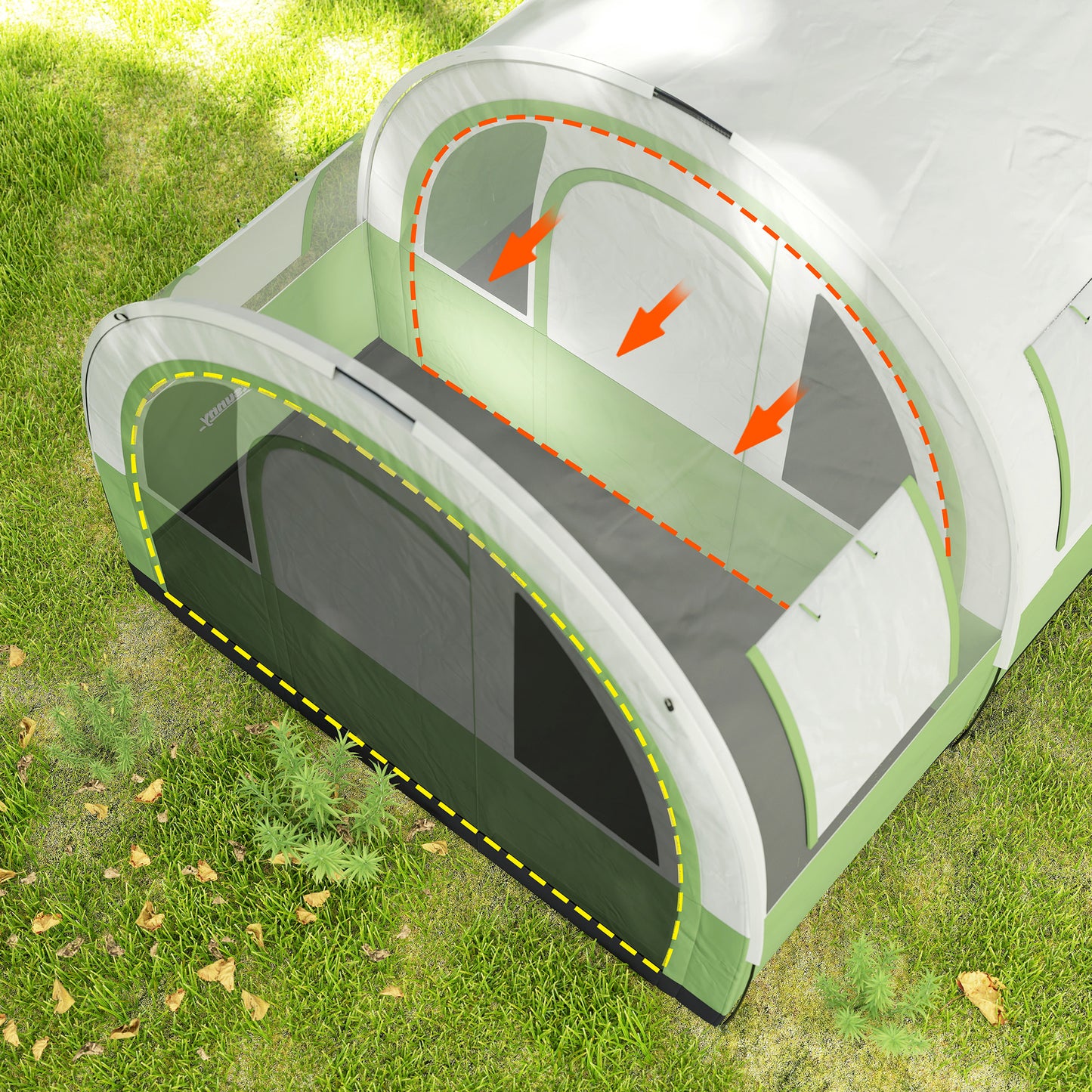 Outsunny Three Man Duo Room Tunnel Tent, with Accessories - Cream/Green