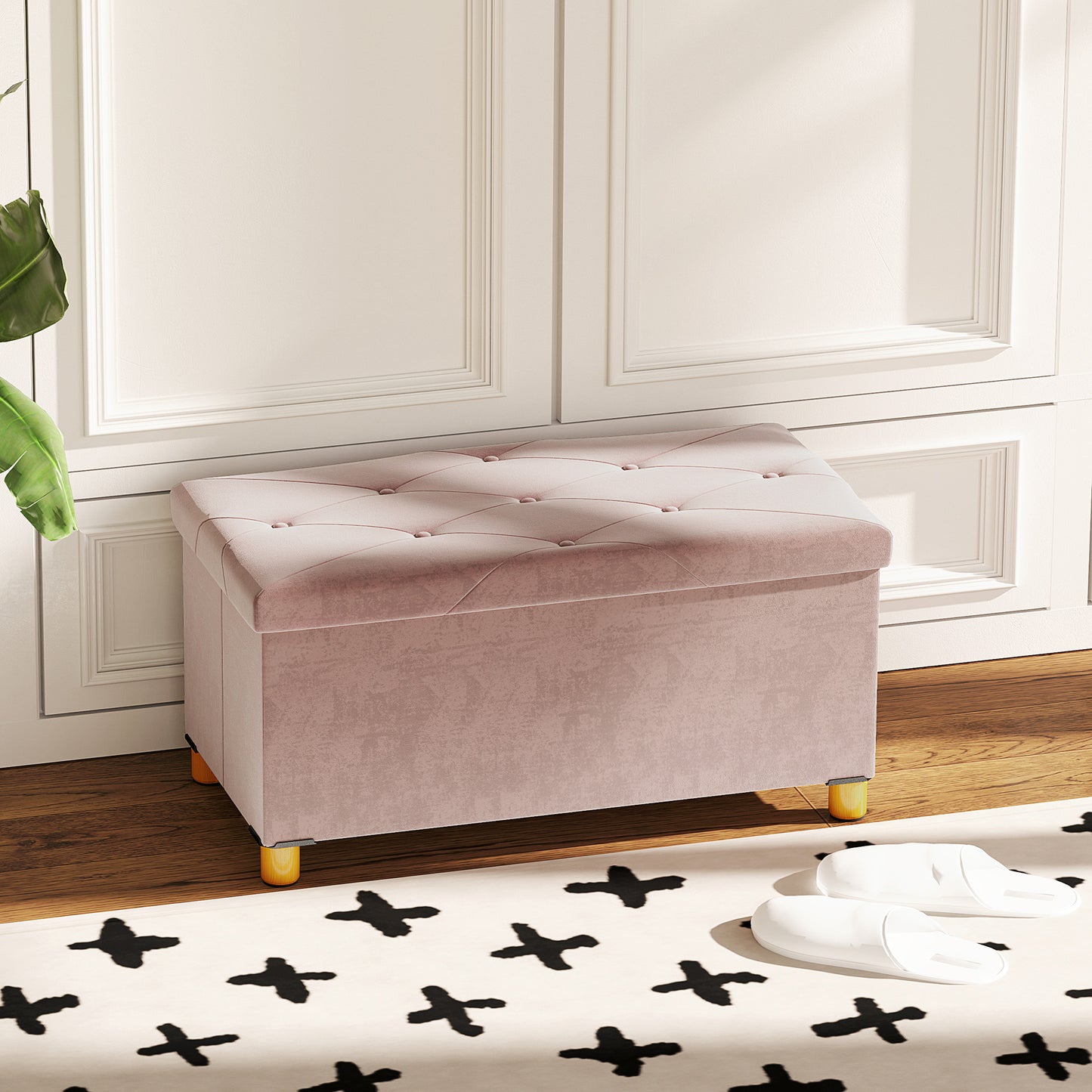 HOMCOM Velvet Upholstered Foldable Ottoman Footrest, Storage Ottoman Bench with Wood Legs for Living Room, Pink