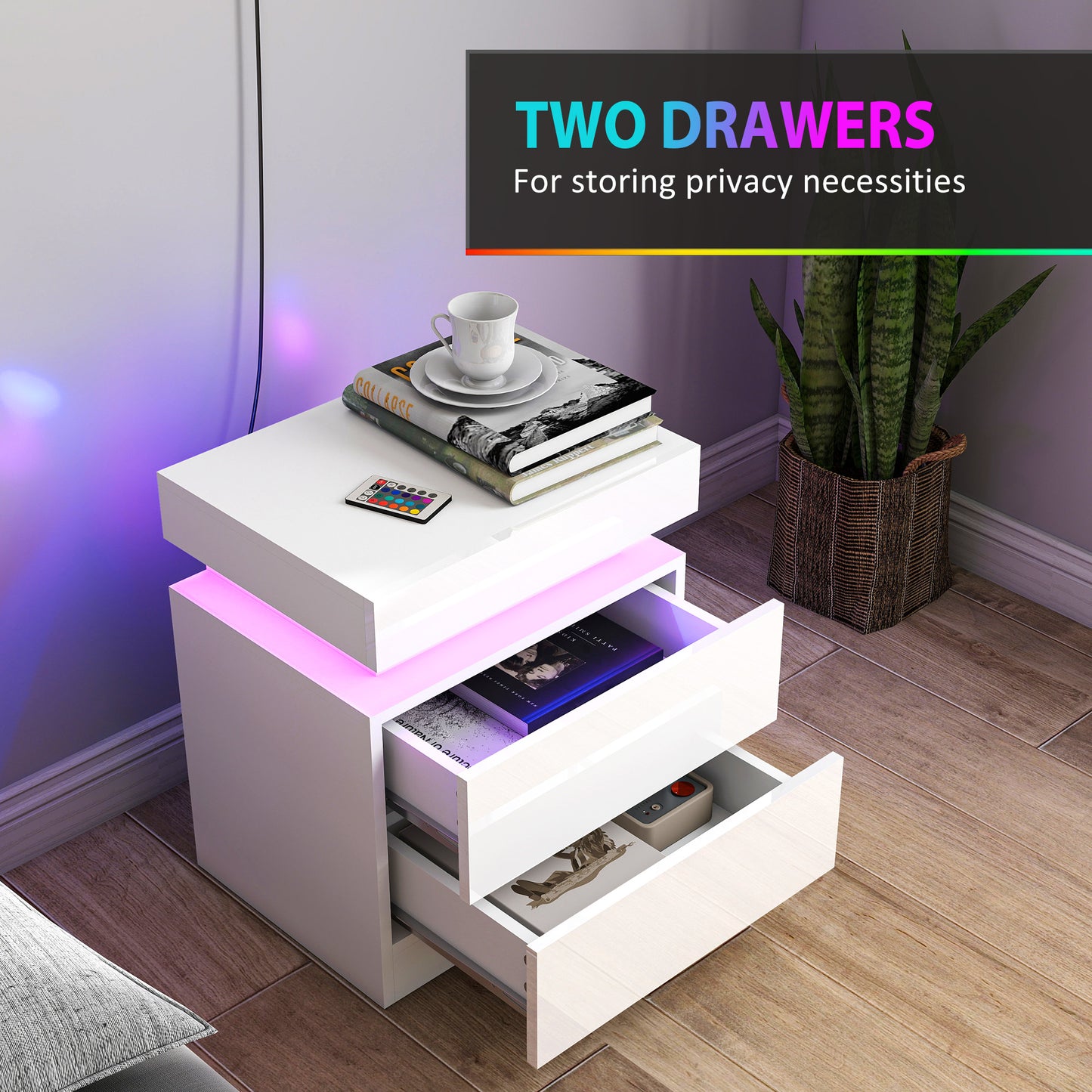 HOMCOM White Bedside Table with LED Light, High Gloss Front Nightstand with 2 Drawers, for Living Room, Bedroom, Set of 2