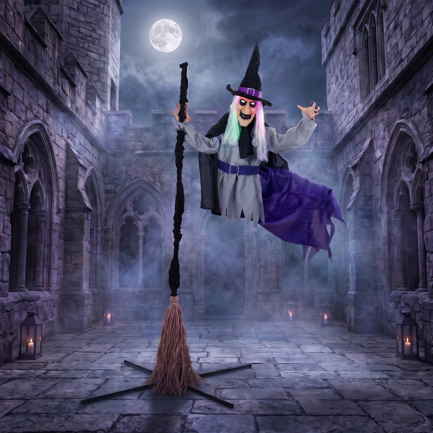 HOMCOM 200cm Life Size Animated Flying Witch Halloween Decorations Outdoor Indoor, Scary Halloween Animatronics Decor