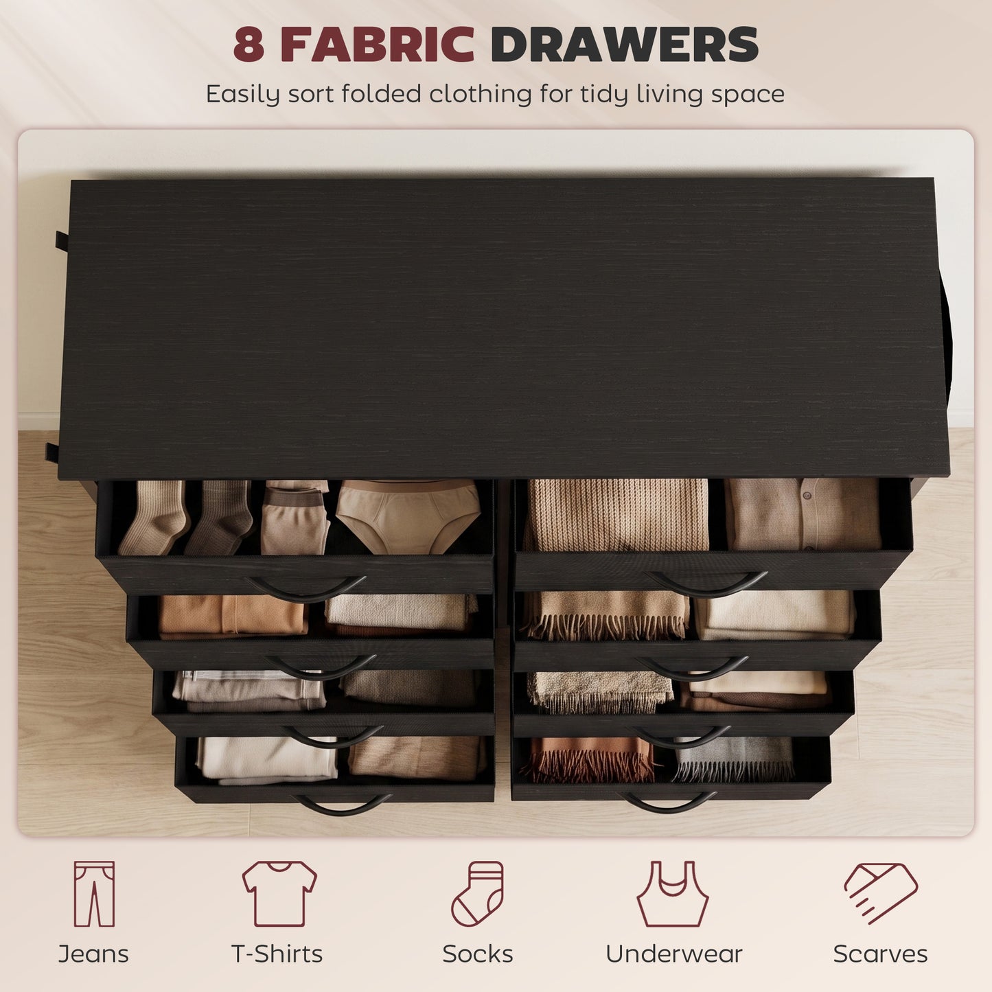 HOMCOM Chest of Drawers, Dresser with 8 Fabric Drawers, Tall Storage Unit with 4 Pockets and 2 Hooks Steel Frame, Black