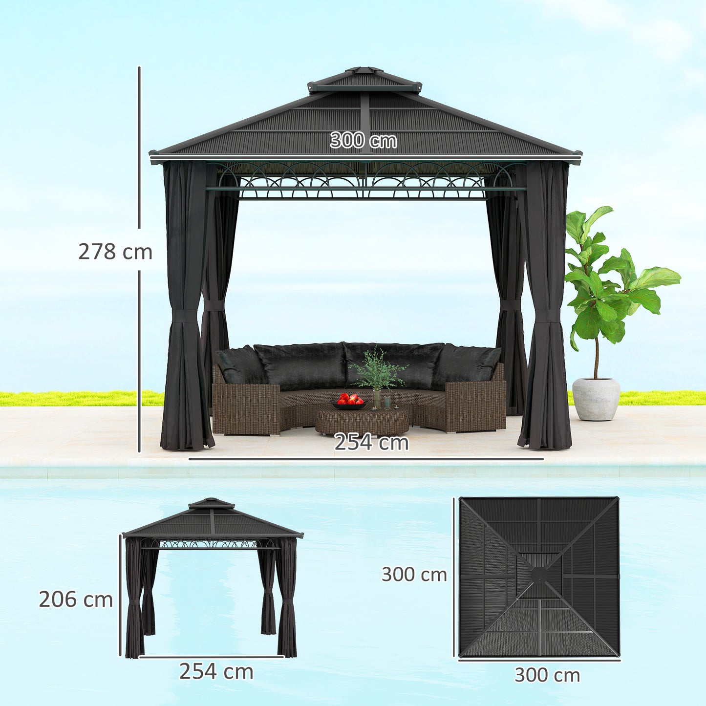 Outsunny 3 x 3 (m) Outdoor Polycarbonate Gazebo, DoubleÂ Roof Hard Top Gazebo withÂ Galvanised Steel Frame, NettingsÂ &Â Curtains for Garden, Lawn, Patio and Deck, Dark Grey