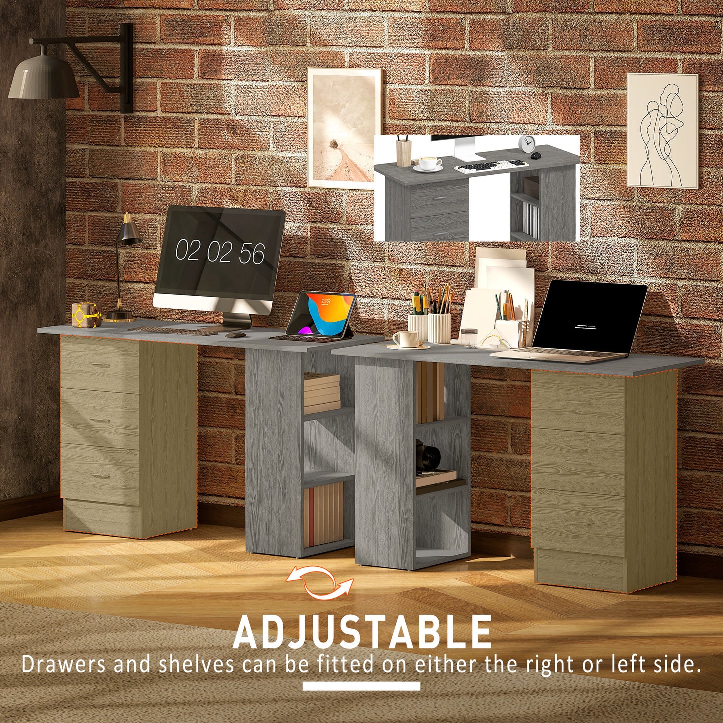 HOMCOM Computer Desk, Writing Table, PC Workstation with 3 Storage Shelves and Drawers, Silver Handle, for Home Office, Grey