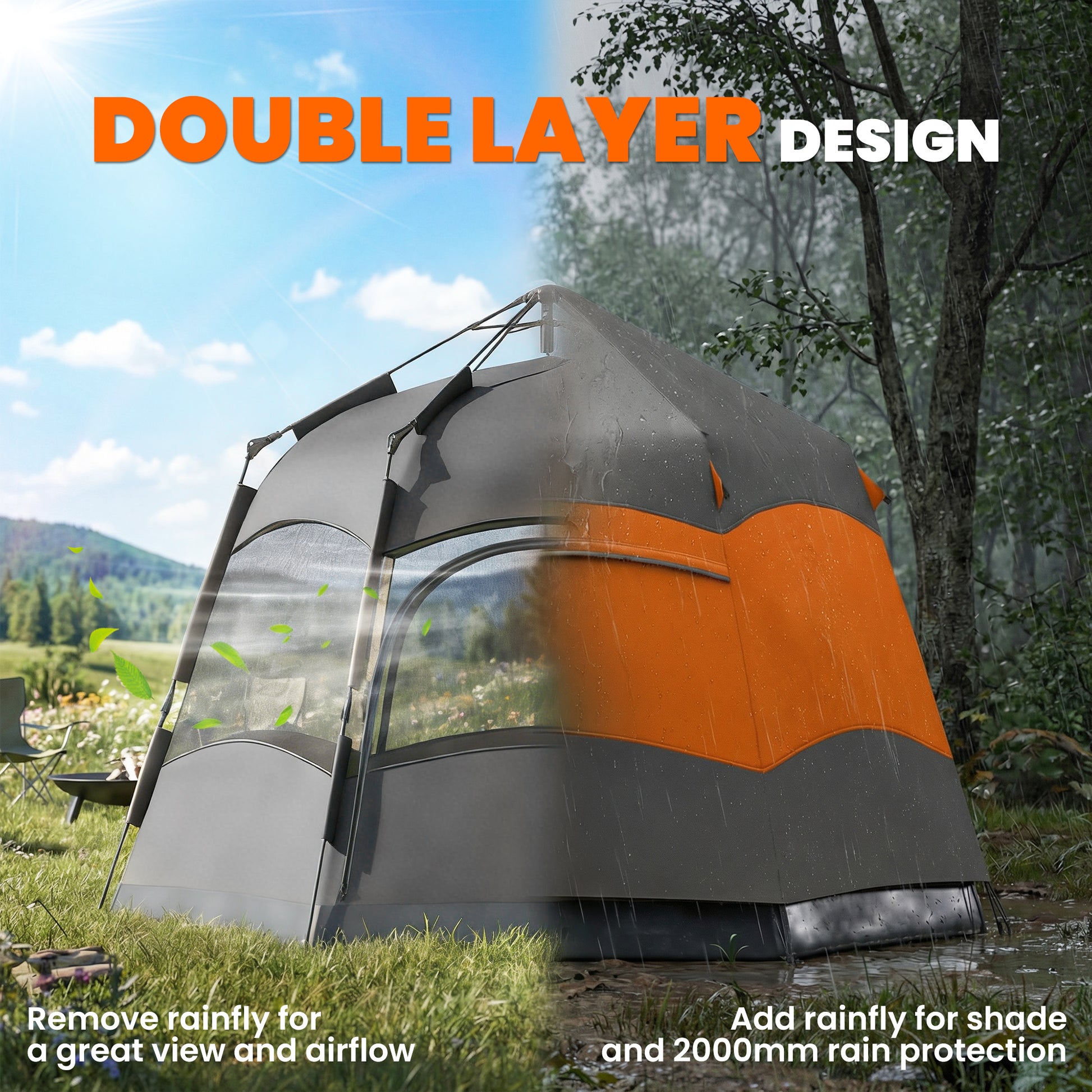Outsunny Double Layer Instant Pop Up Tent with Rainfly, Portable Camping Shelter with Sewn-in Groundsheet and Carry Bag, Orange