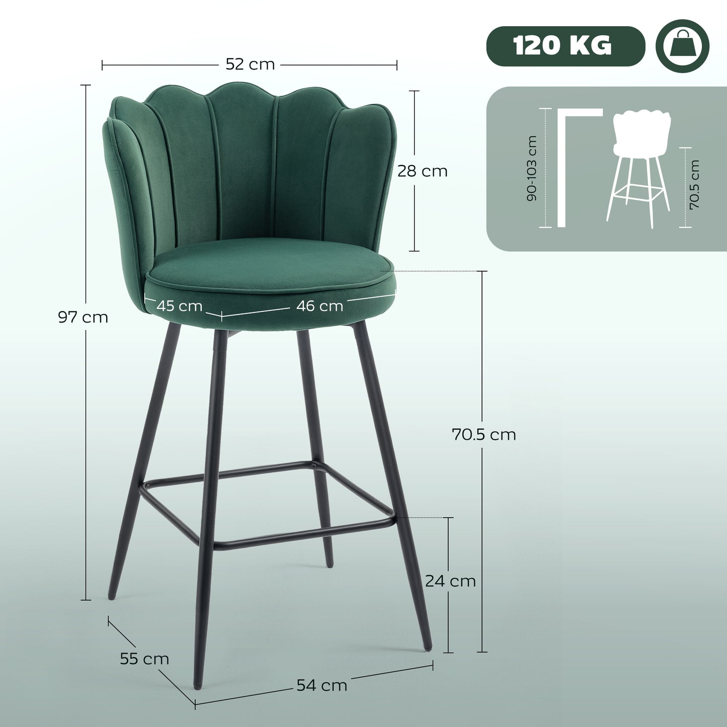 HOMCOM Set of Two Velvet-Feel Lotus Bar Stools - Dark Green