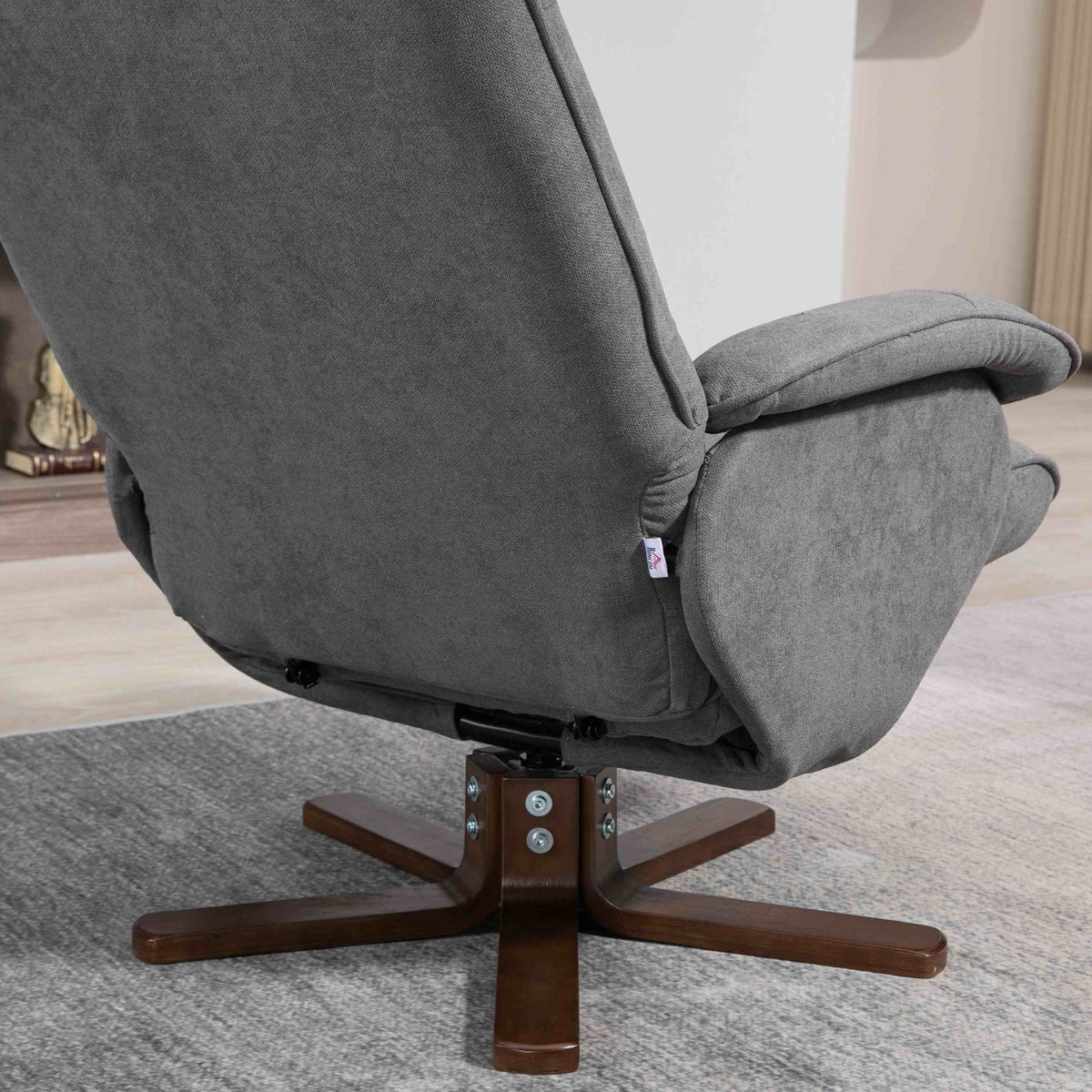 HOMCOM Linen Swivel Recliner Chair with Footstool, Upholstered Reclining Armchair with Wooden Base for Living Room, Grey