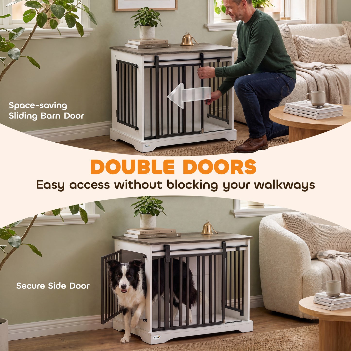 PawHut 80 cm Dog Crate Furniture with Sliding Barn Door for Medium Dogs, White