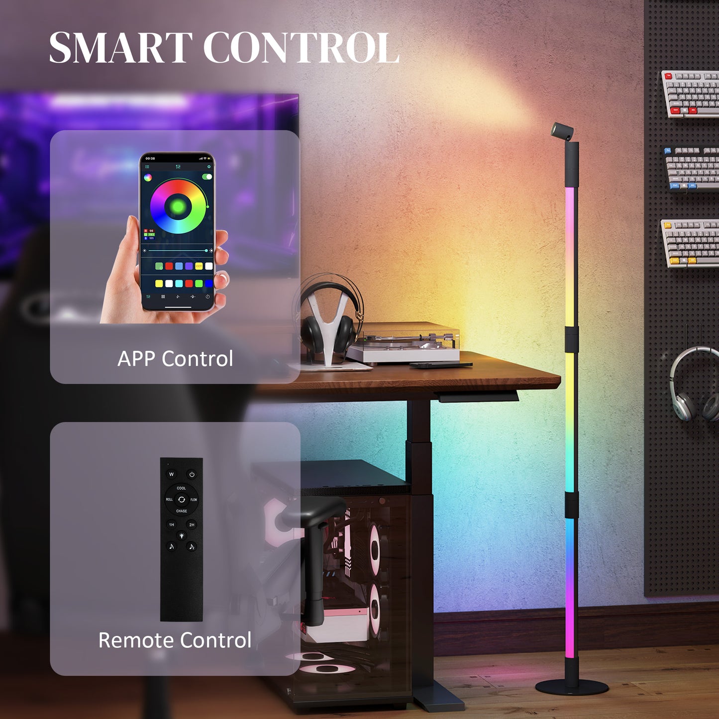HOMCOM LED Floor Lamp with Reading Light, 360Â° RGB Detachable Corner Floor Lamp with App & Remote Control, Standing Lamp with Music Sync & Timing, for Living Room, Game Room, Dark Grey