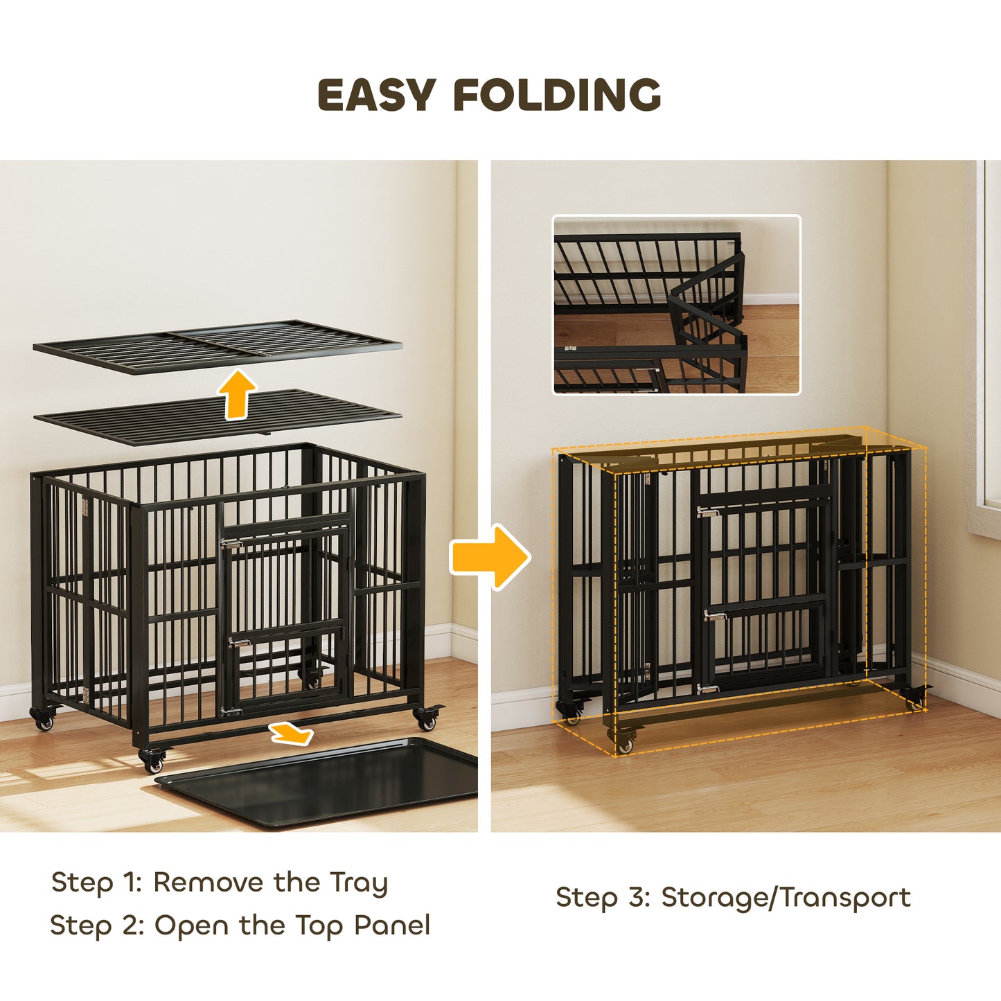 PawHut 43" Heavy Duty Dog Crate, Foldable Dog Cage, with Openable Top, Locks, Removable Tray, Wheels - Black