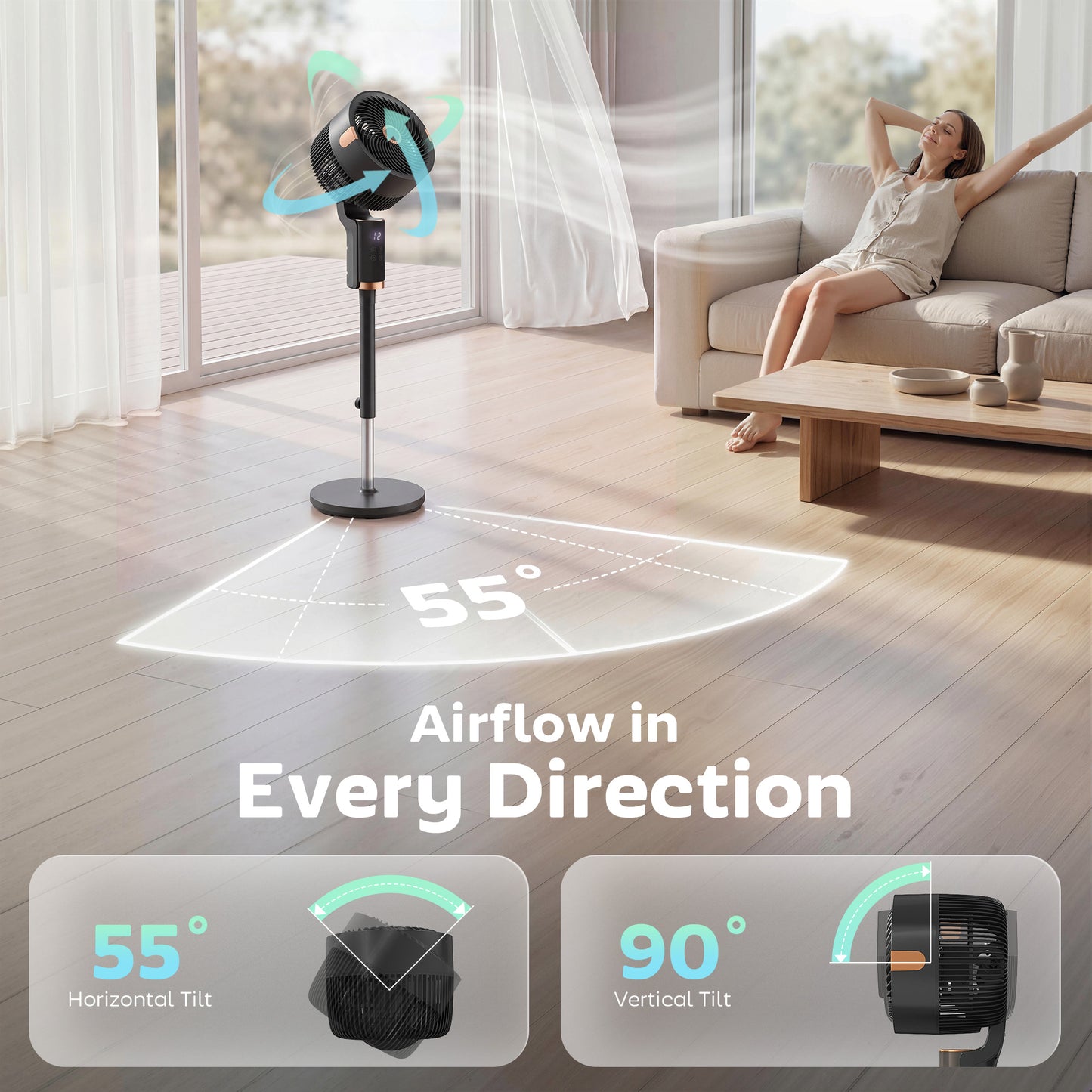 HOMCOM 20 dB Silent Standing Fan for Bedroom, 44" Pedestal Fan with 90Â° Oscillating, 8 Speeds and LED Light, Black