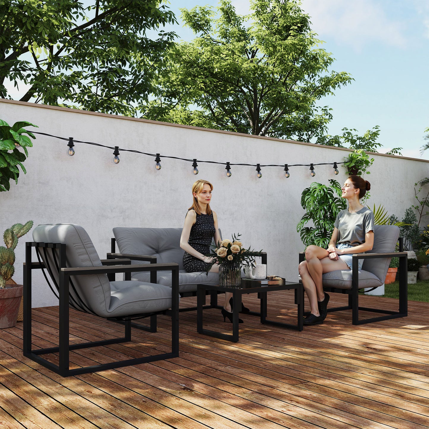 Outsunny Garden Furniture Set, 4 Piece Indoor Outdoor Conservatory with Loveseat Sofa, Armchairs, Glass Top Coffee Table, Cushions for Balcony, Poolside, Patio, Dark Grey