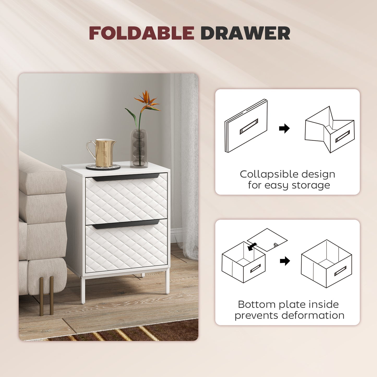 HOMCOM Chest of Drawers, Dresser with 2 Fabric Drawers and Aluminium Handles - White