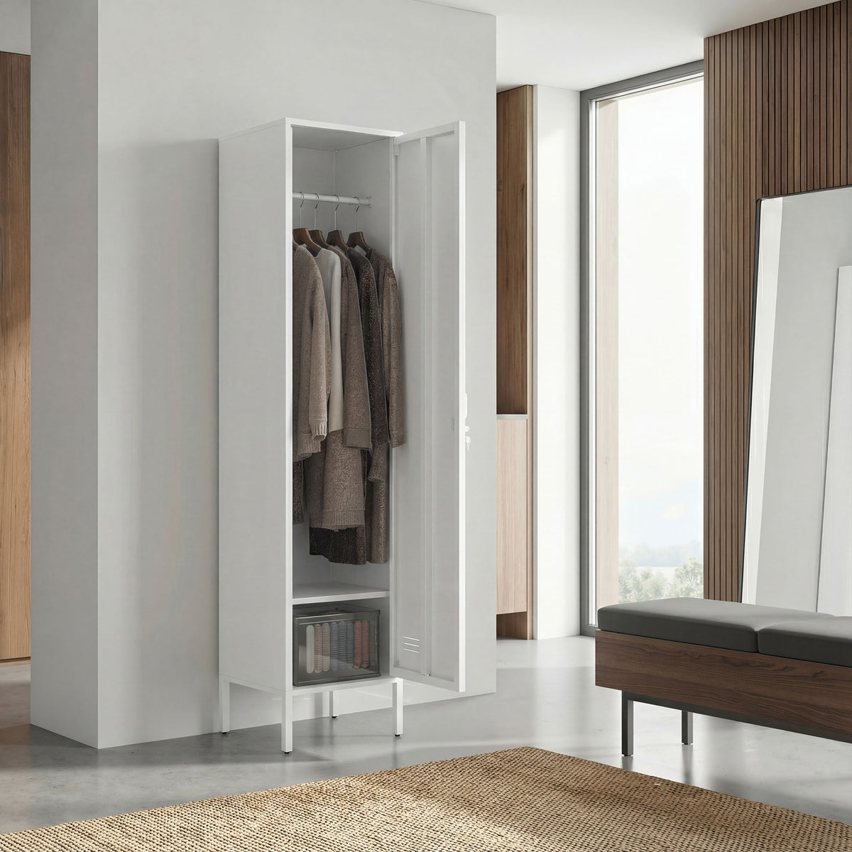 HOMCOM Metal Locker Cabinet with Hanging Rod, Lock and Key, Single Locker Storage Cabinet with Shelf, White