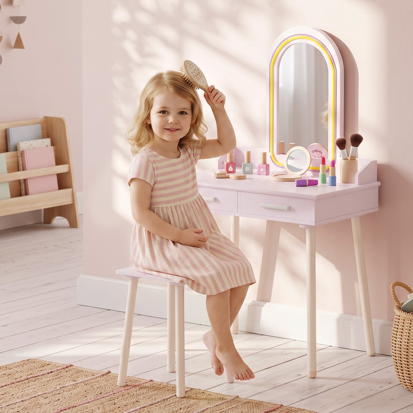 AIYAPLAY Kids Dressing Table, Girls Vanity Set with Stool, 3-Colour LED Lights Mirror, Large Drawer for Ages 3-8, Pink