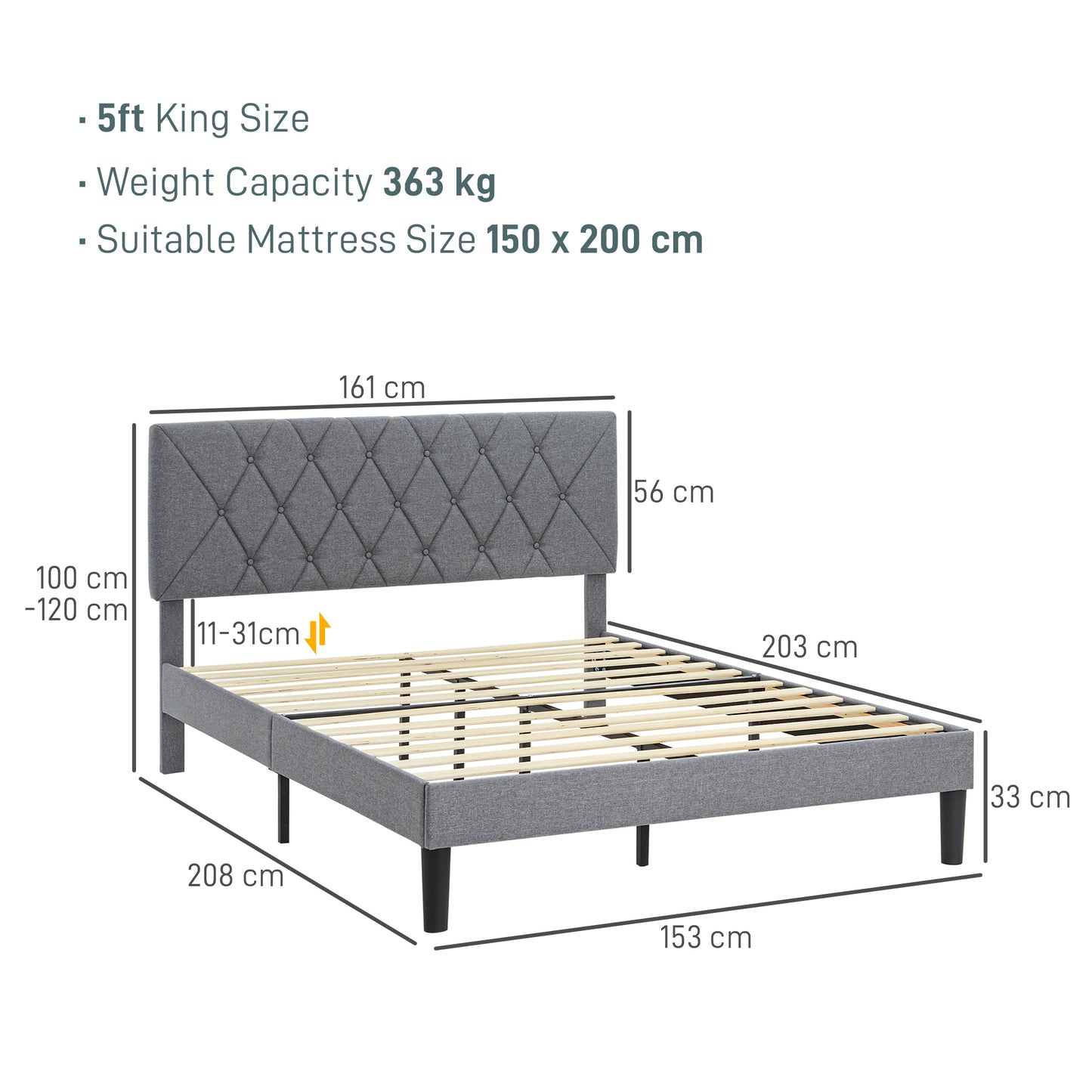 HOMCOM King Size Padded Fabric Headboard Bed Frame - Grey