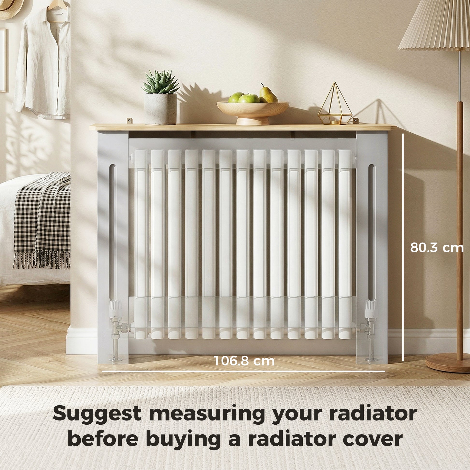 HOMCOM Slatted Radiator Cover, Painted Cabinet with Line Grill Design, 112L Ã— 19W Ã— 81H cm, Grey