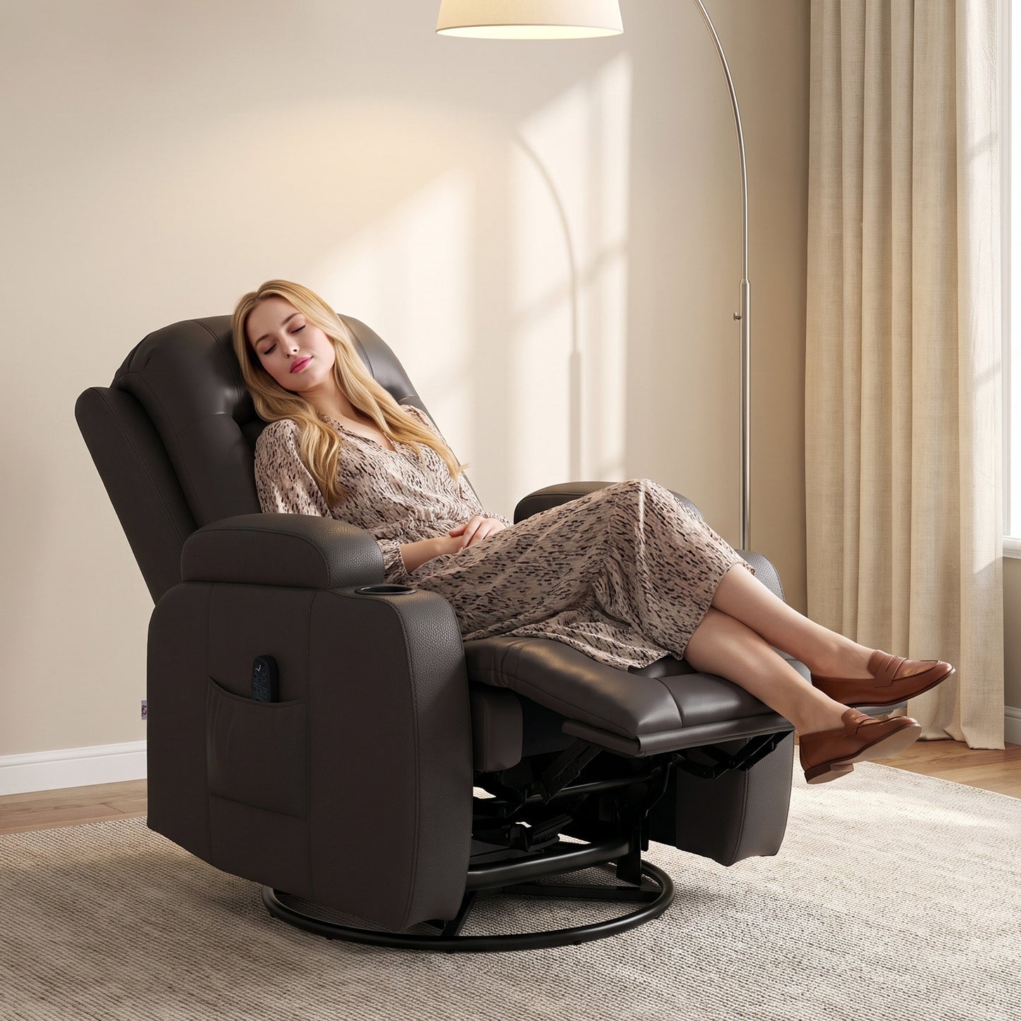 HOMCOM PU Leather Recliner Chair, Recliner Armchair with Extended Footrest, Cup Holders and Side Pockets, Dark Brown