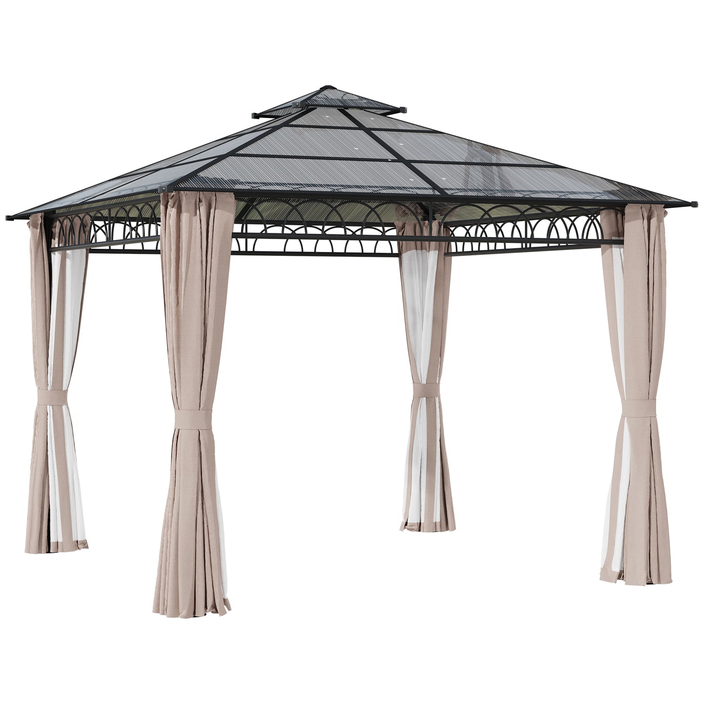 Outsunny 3 x 3 (m) Outdoor Polycarbonate Gazebo, DoubleÂ Roof Hard Top Gazebo withÂ Galvanised Steel Frame, NettingsÂ &Â Curtains for Garden, Lawn, Patio and Deck, Khaki
