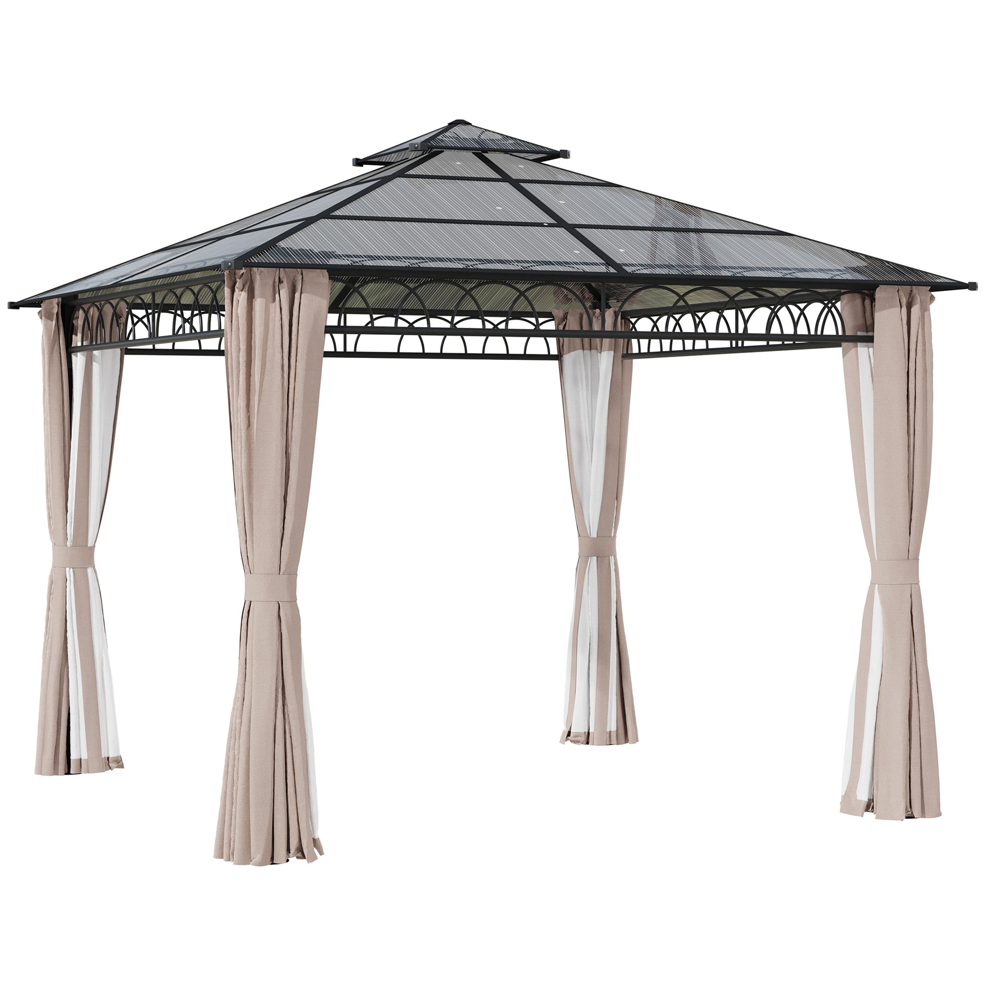 Outsunny 3 x 3 (m) Outdoor Polycarbonate Gazebo, DoubleÂ Roof Hard Top Gazebo withÂ Galvanised Steel Frame, NettingsÂ &Â Curtains for Garden, Lawn, Patio and Deck, Khaki