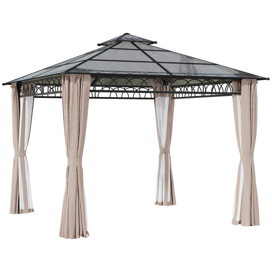 Outsunny 3 x 3 (m) Outdoor Polycarbonate Gazebo, DoubleÂ Roof Hard Top Gazebo withÂ Galvanised Steel Frame, NettingsÂ &Â Curtains for Garden, Lawn, Patio and Deck, Khaki