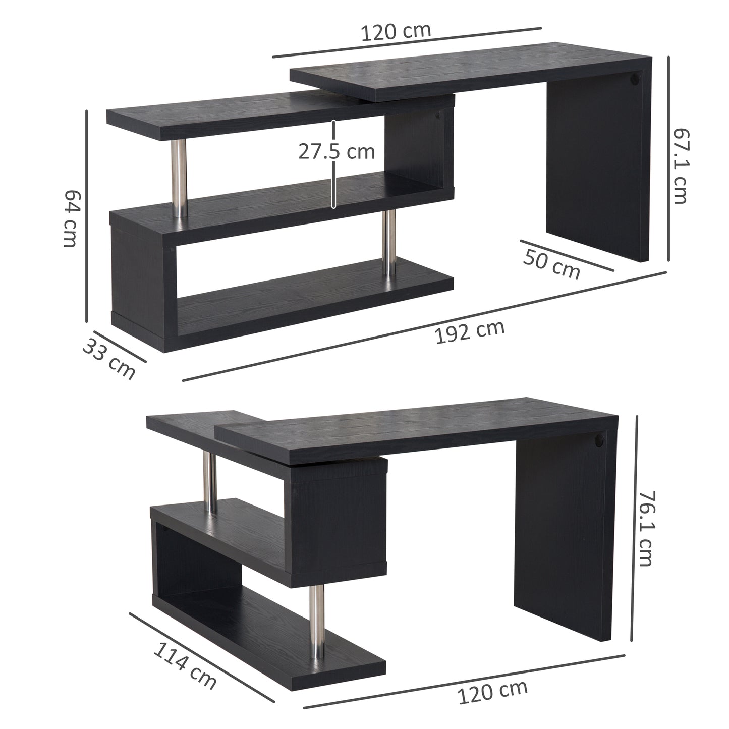 HOMCOM L Shaped Desk with 360Â° Rotating Storage Shelves, Corner Computer Desk, Space Saving Study Table for Home Office, Black
