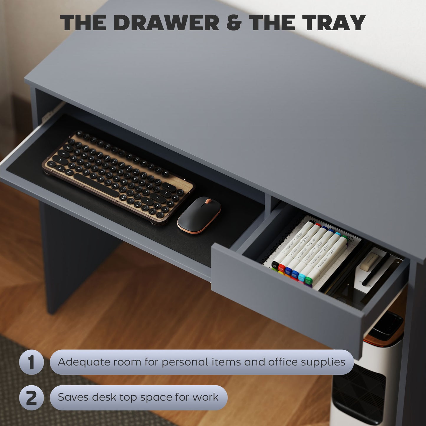 HOMCOM 100cm Compact Computer Desk with Keyboard Tray, Home Office Desk with Drawer for Bedroom Study, Grey