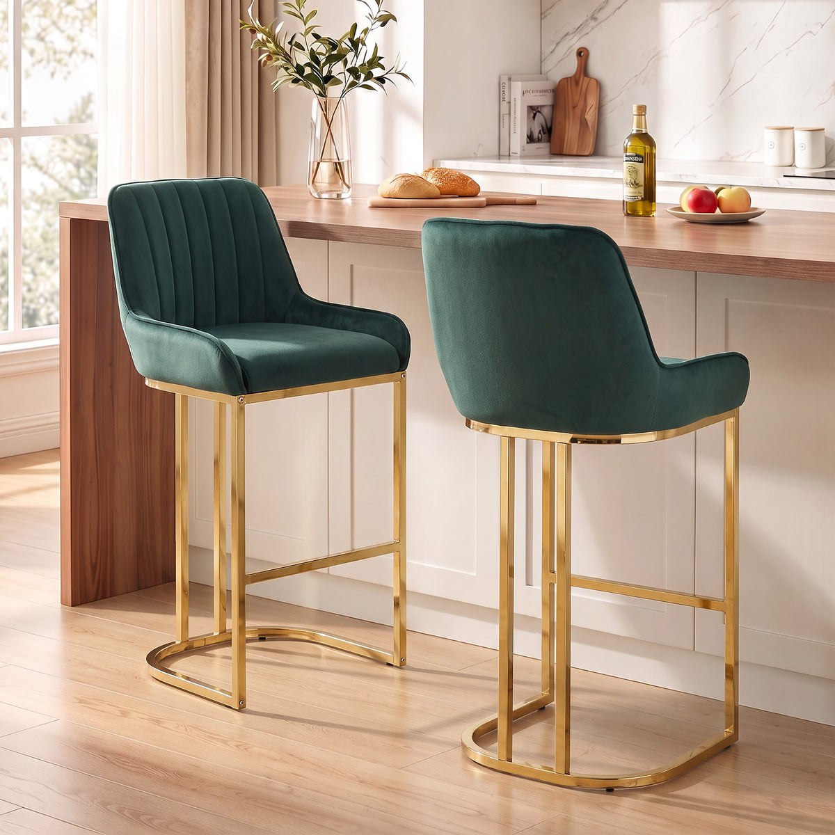 HOMCOM Bar Stools Set of 2 with Backrest, Footrest, Gold Electroplated Legs for Kitchen Island, Dining Room, Dark Green