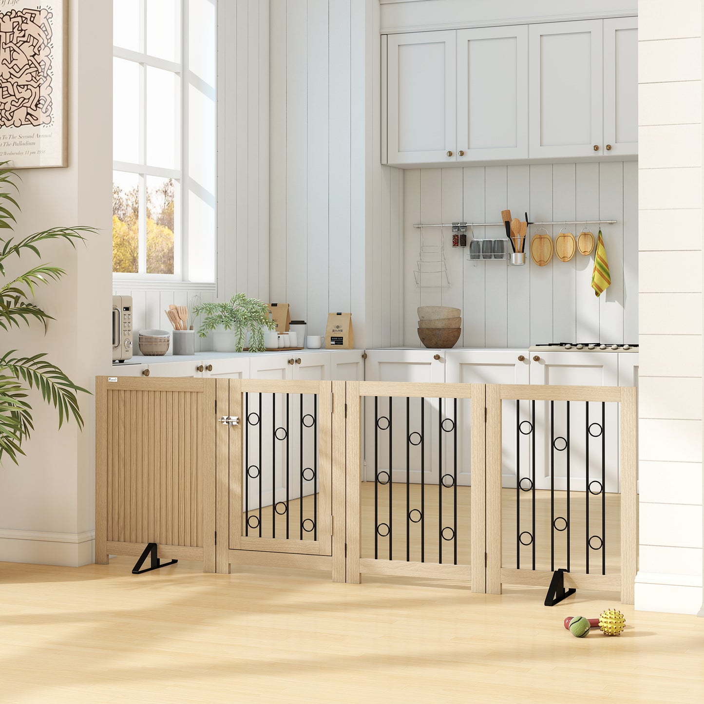 PawHut 4 Panel Freestanding Pet Gate, Indoor Dog Barrier with Lockable Door, Support Feet, 360Â° Flexible Hinges, Oak