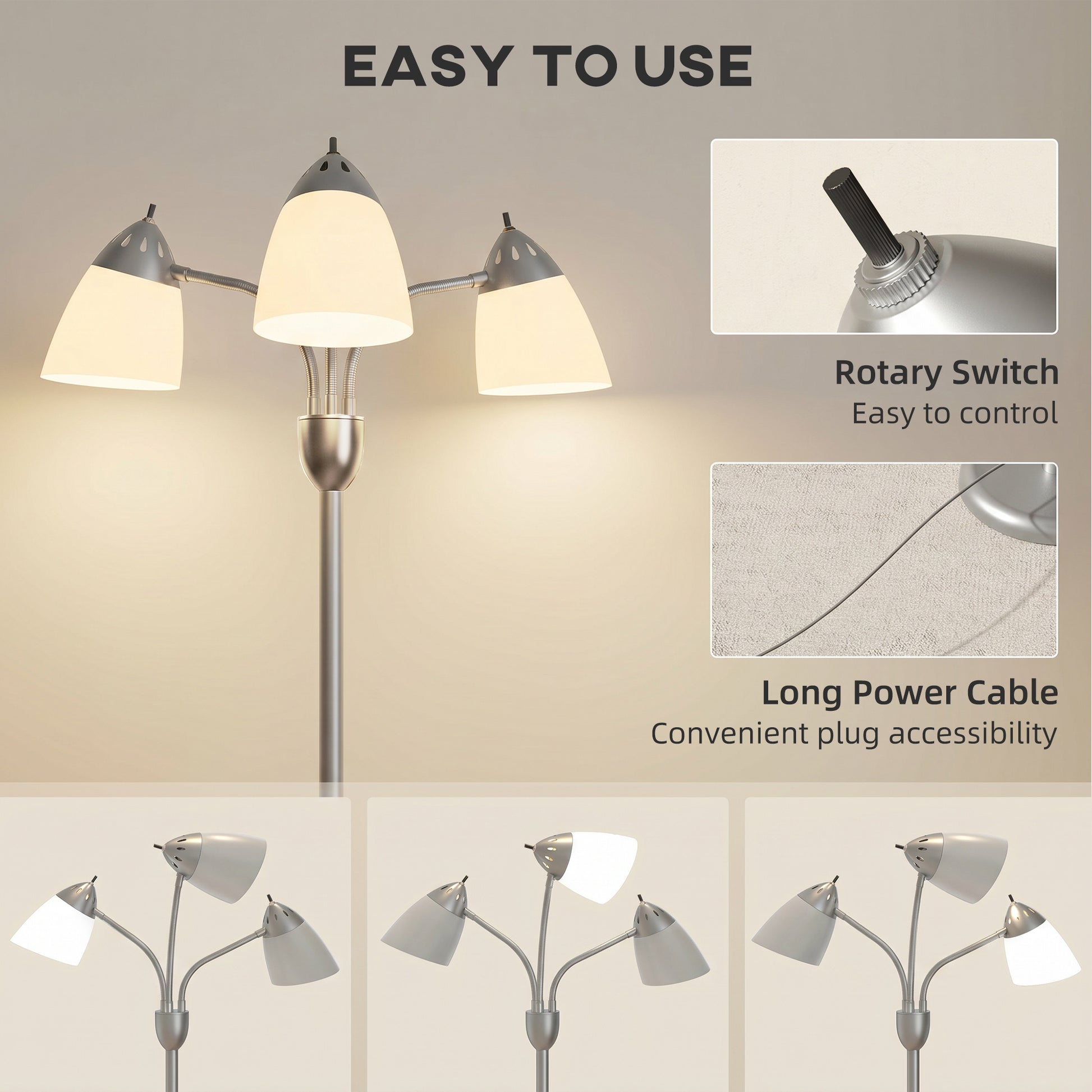 HOMCOM Arc Tree Floor Lamp with 3 Adjustable Rotating Lights and 3000K/4500K/6500K Colour Temperatures, Silver Tone