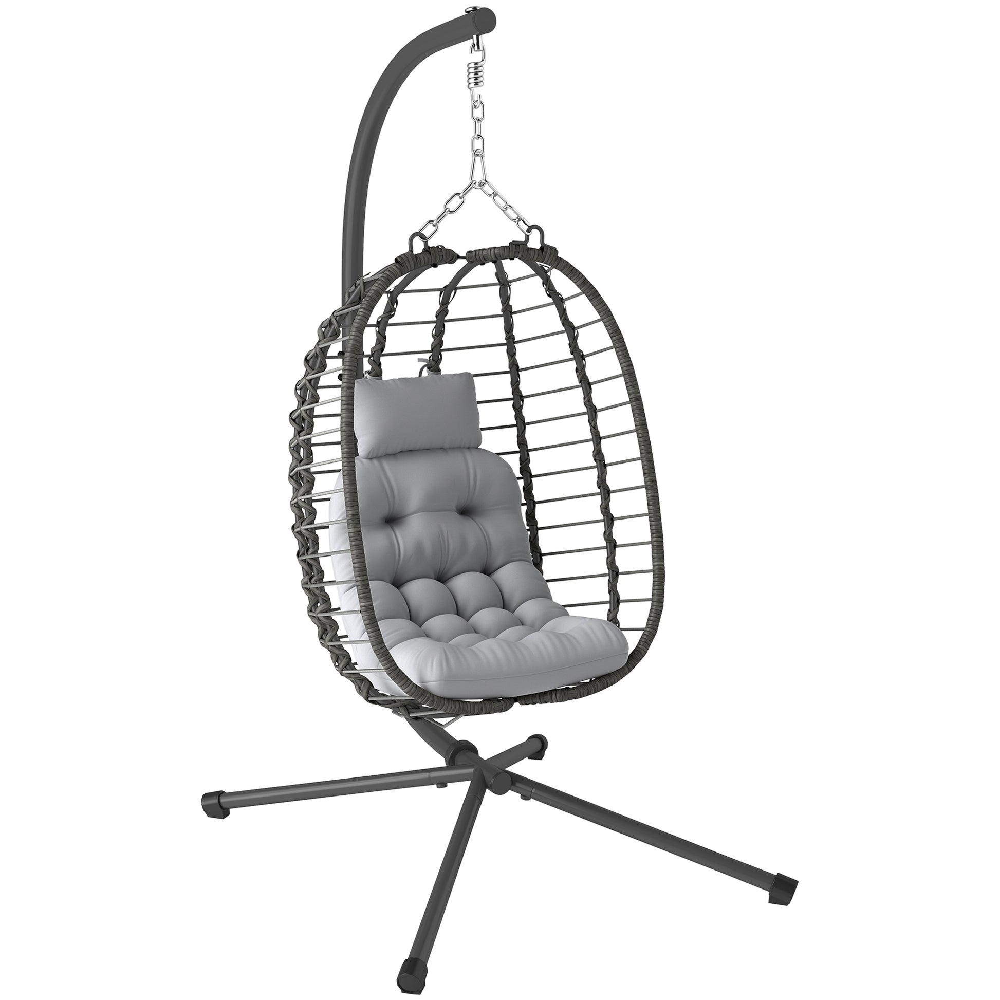 Outsunny Rattan Hanging Egg Chair, Foldable Wicker Hammock Swing Chair with Cushion, Stand, Adjustable Height, Head Pillow, Steel Frame for Garden Patio Indoor Outdoor, Light Grey