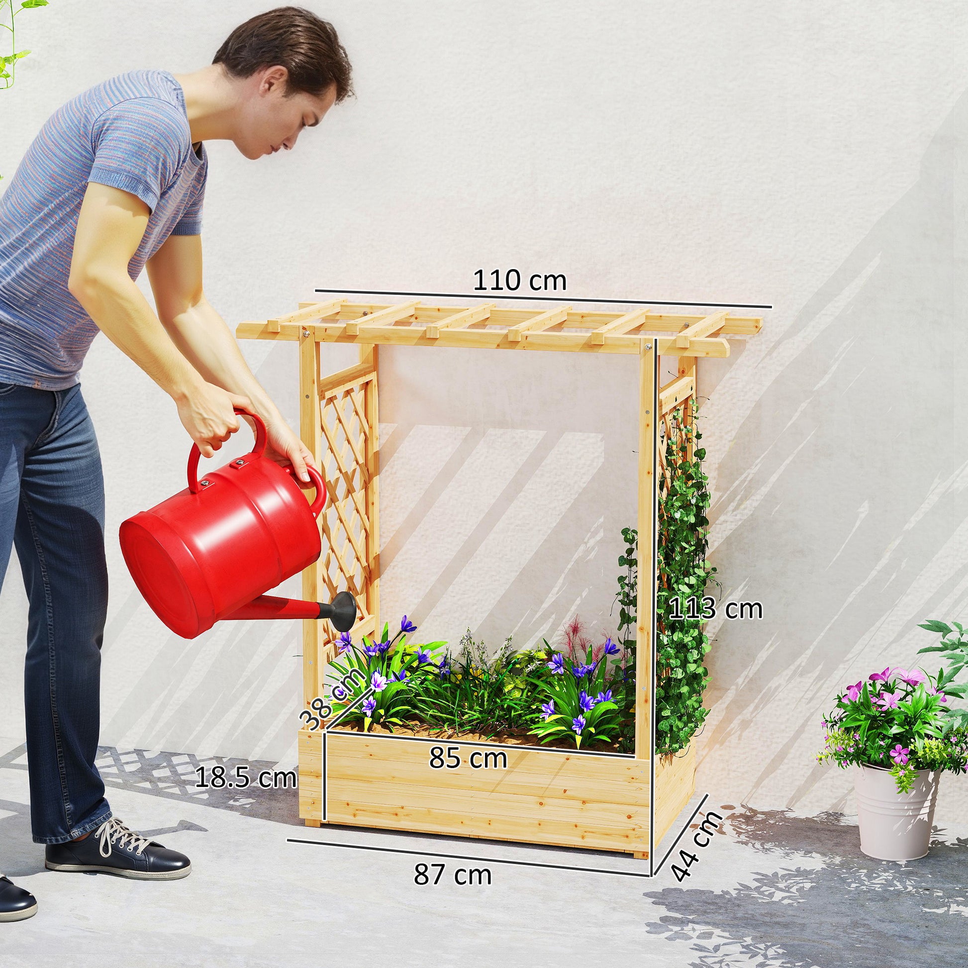 Outsunny Garden Planter with Trellis, Wooden Raised Bed for Garden with Hanging Roof and Drainage Holes, Outdoor Trellis Planter Box for Vegetables, Herbs and Flowers, 110 x 44 x 113 cm, Natural