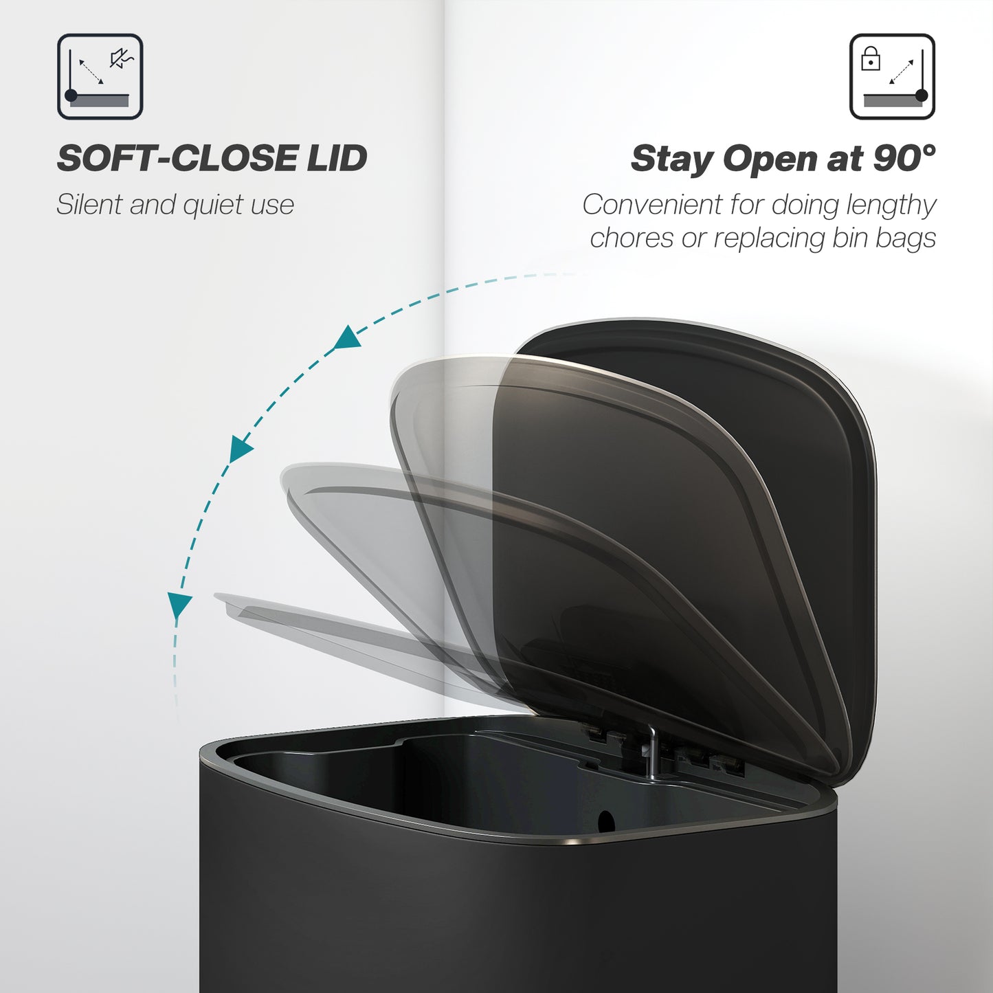 HOMCOM 50L Kitchen Bin with Soft-Close Lid and Stay-Open Function, Stainless Steel Pedal Bin with Removable Inner Bucket, Carry Handle for Kitchen, Office, Home, Black