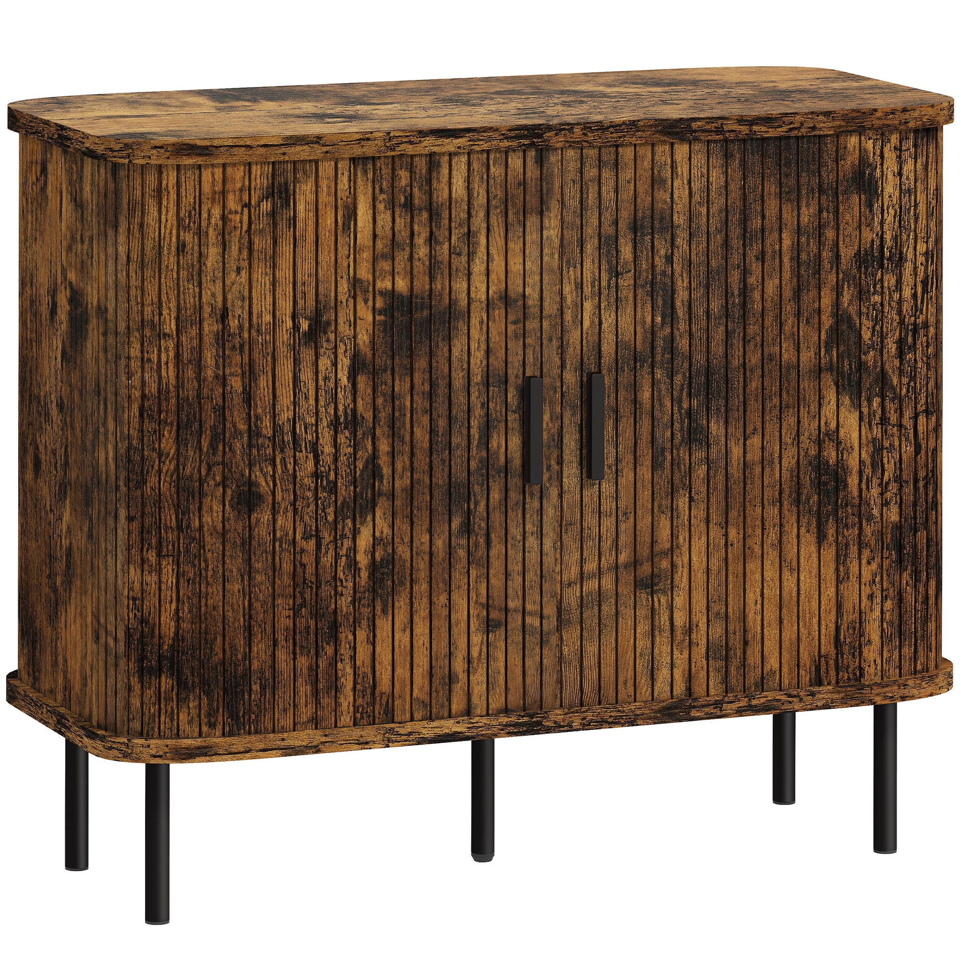 HOMCOM Mid-Century Modern Sideboard Storage Cabinet with Slatted Tambour Sliding Doors, Kitchen Cabinet with Steel Legs, Rustic Brown