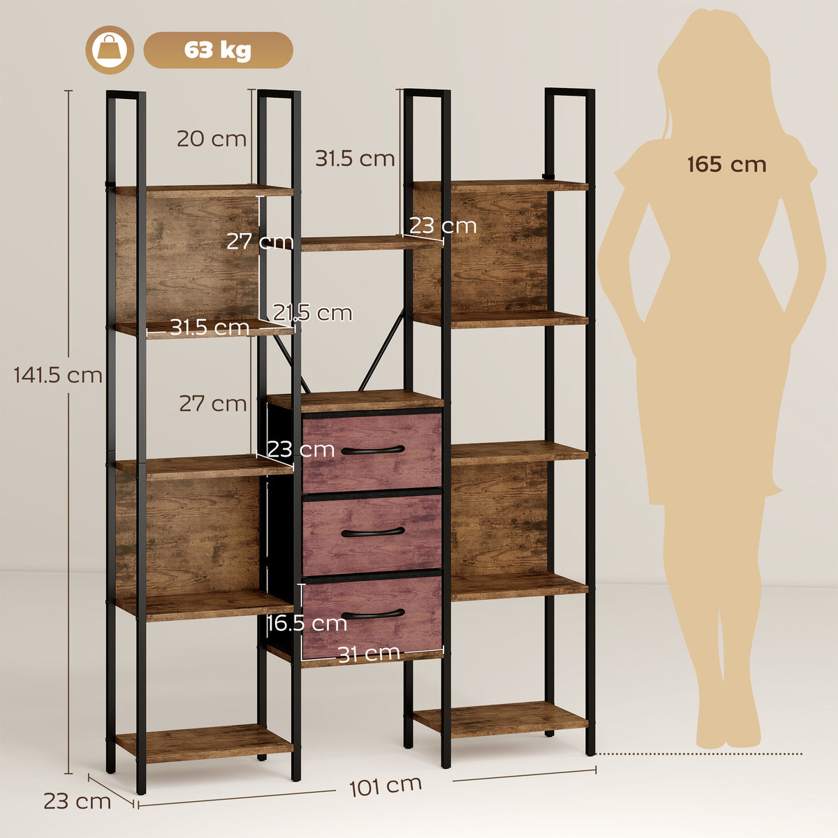 HOMCOM Bookshelf with Drawers Bookcase Open Shelves Storage Unit Study Bedroom Living Room Rustic Brown