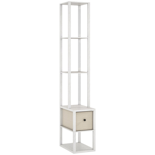 HOMCOM Floor Lamp with Shelves, LED Column Modern Standing Lamp with Fabric Drawer, Adjustable Brightness, Foot Switch for Living Room, Bedroom, Office, White