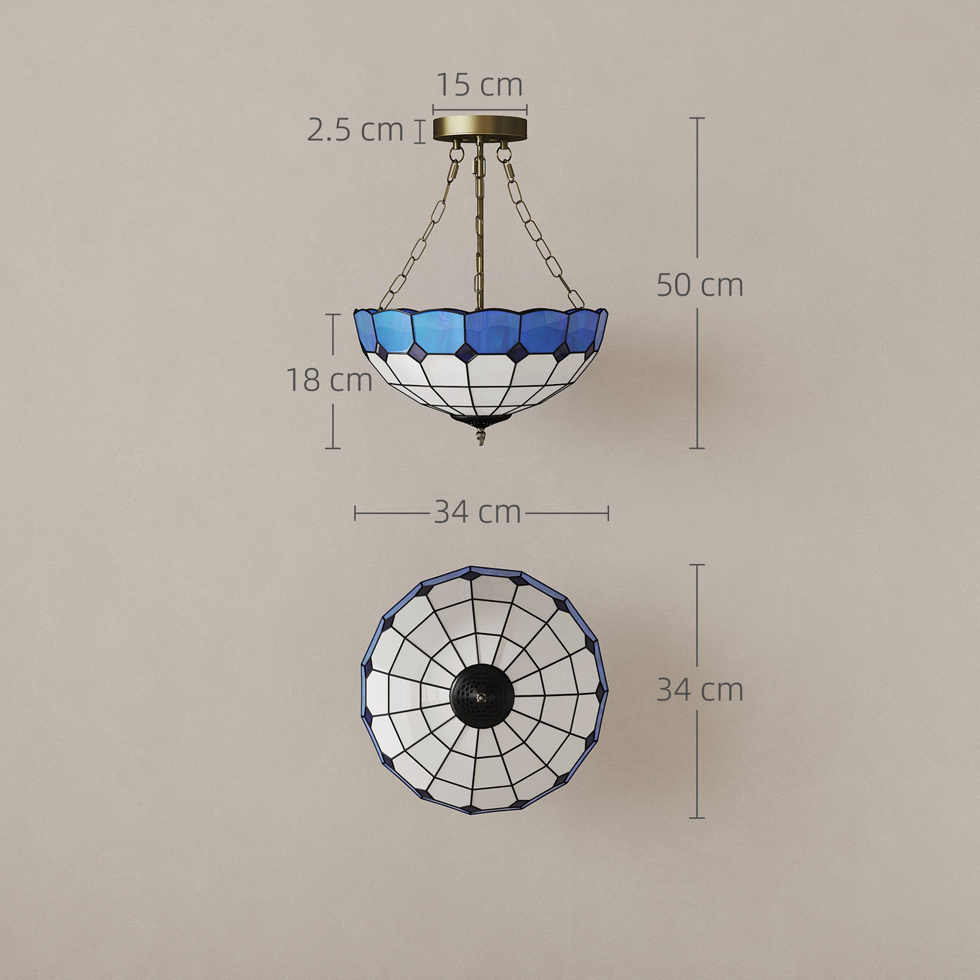 HOMCOM Tiffany Style Ceiling Light, Vintage Chandelier with 3 E27 Sockets, Semi Flush Mount for Living Room, Bulbs Not Included