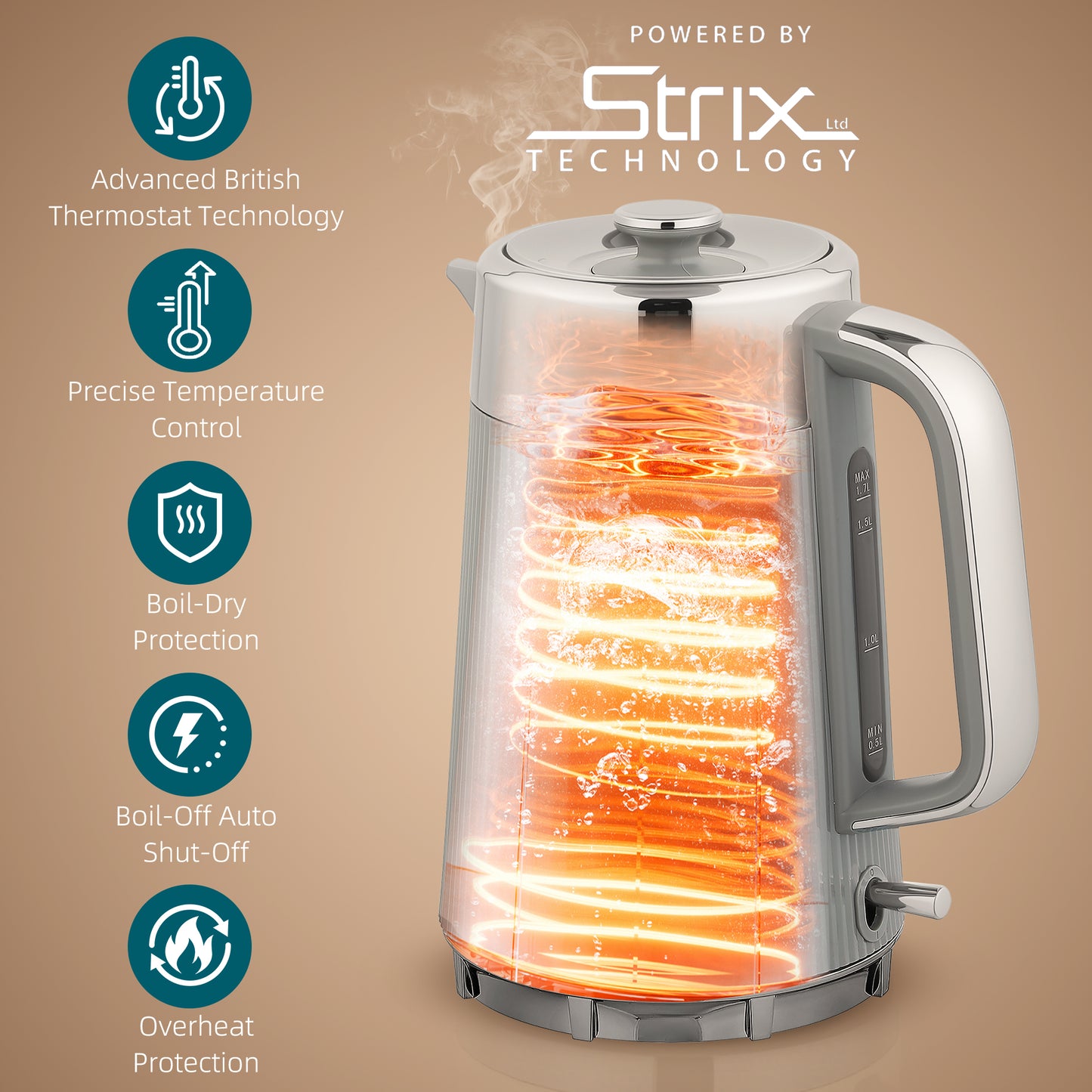 HOMCOM Electric Stainless Steel Kettle and Toaster Set, 3000W 1.7L UK Strix Thermostat Fast Boil Kettle w/ Limescale Filter, Cool Touch Body, 4 Slice Toaster with 7 Browning Levels, Crumb Tray, Taupe